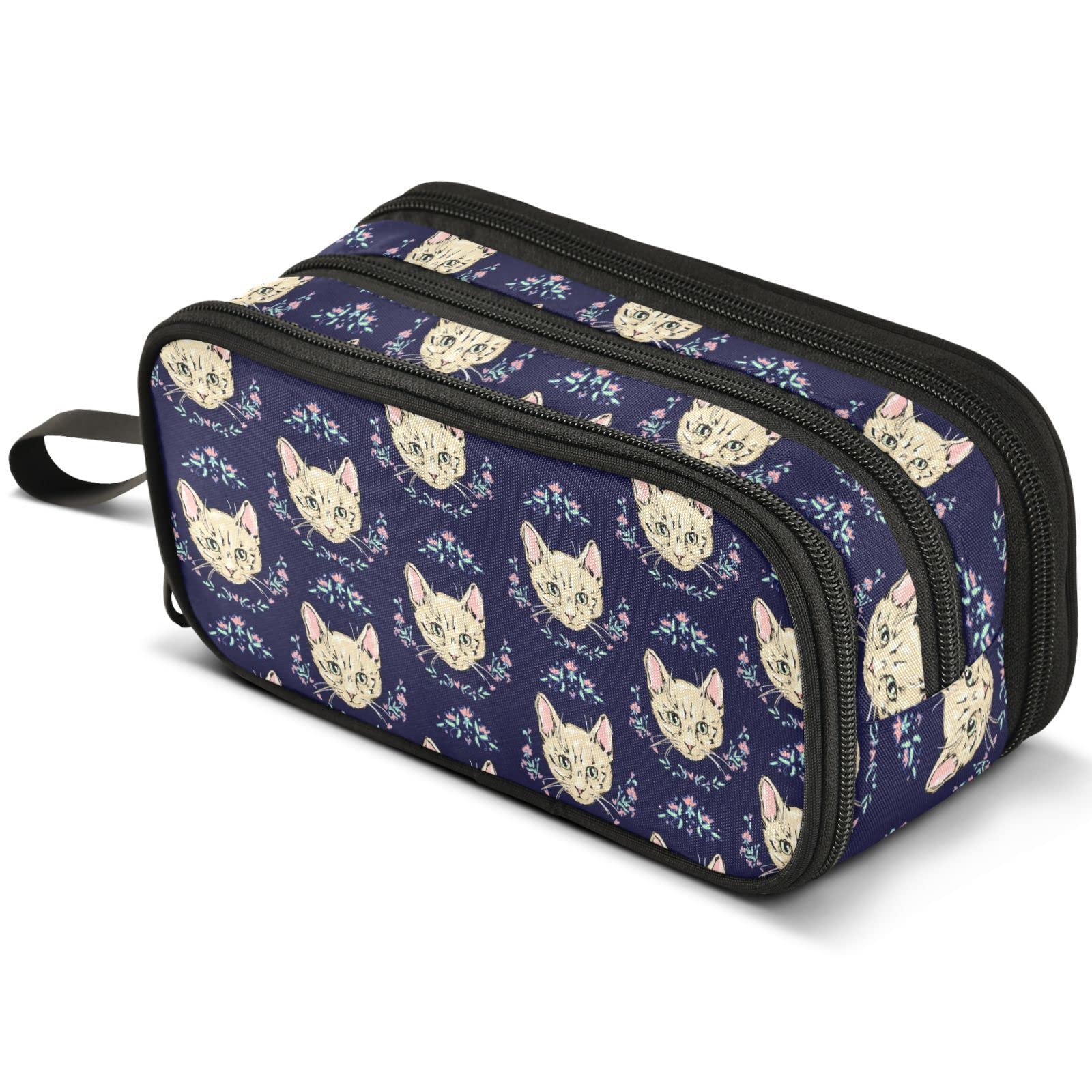 Cats Head Floral Pencil Case Large Capacity Pen Pouch Makeup Bag with 3 Compartments Pen Holder Organizer Stationery Bag for Girls Womens