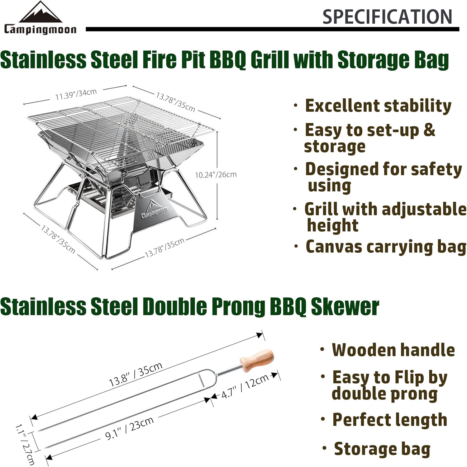 CAMPINGMOON Stainless Steel Portable Camping Grill & 8pcs of 13.8-inch Long Double Prong BBQ Skewers MT-2+MK-8
