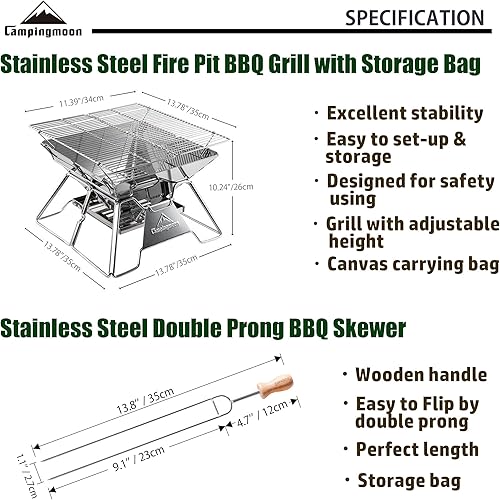 Miniatura 2 de Campingmoon - Parrilla de camping portátil de acero inoxidable y 8 pinchos de barbacoa de doble punta de 13.8 pulgadas de largo MT-2+MK-8