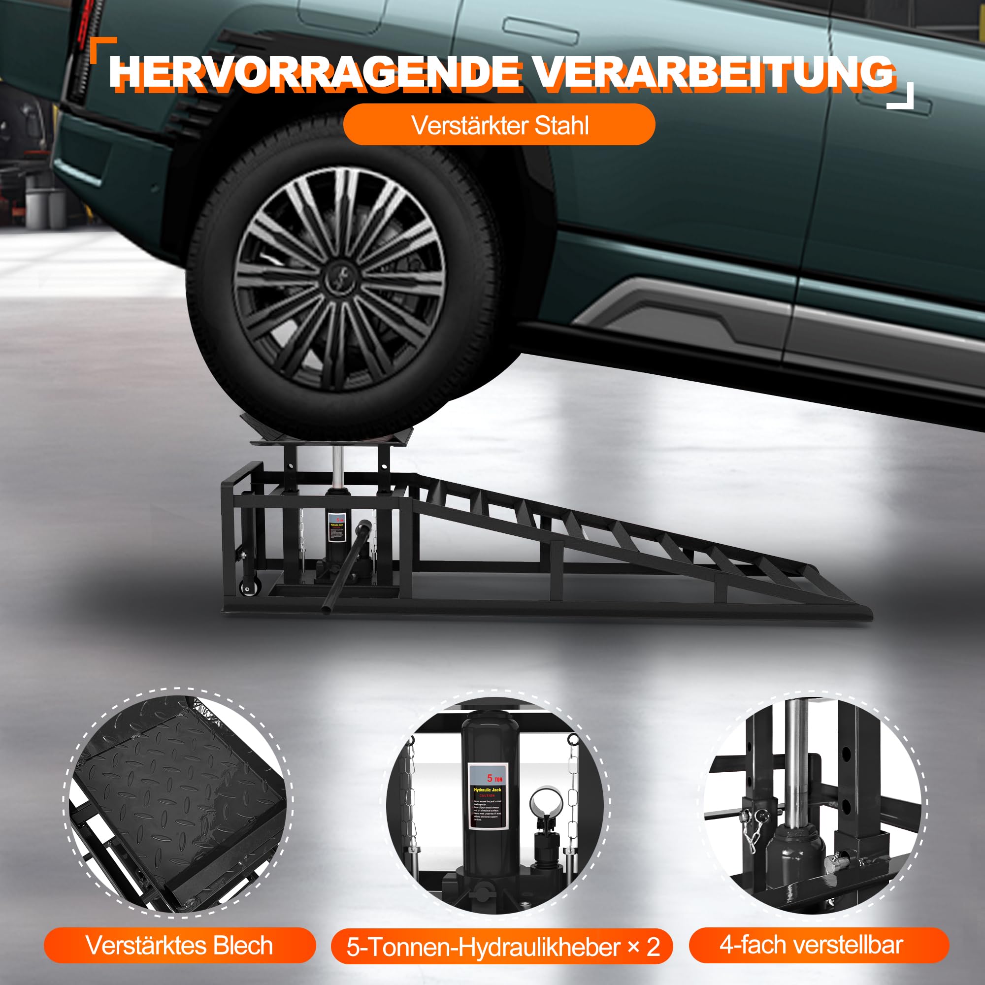 2er-Set Hydraulische Auffahrrampen mit Rollen, 5T Schwerlast-Rampen (11065 lbs) inkl. Hydraulikheber, Tragbare Autohebebühne für Ölwechsel & Heimwerker-Garage, Hubhöhe 23–36 cm (9"–14,2") (Schwarz)