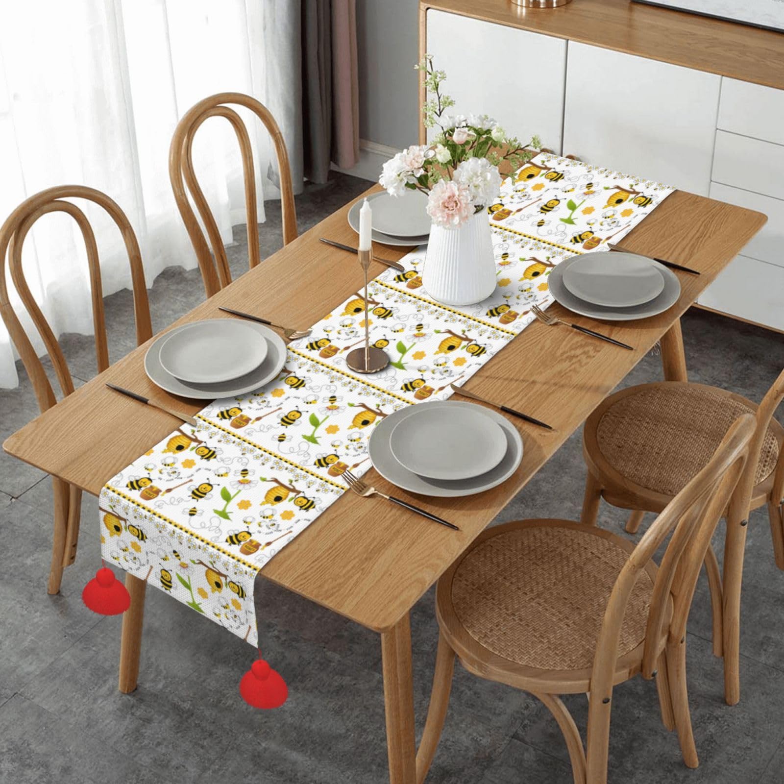 Chemin de table de Noël anti-taches 152 cm avec abeilles pour décoration intérieure extérieure
