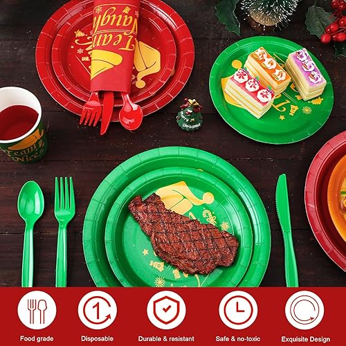 Miniatura 3 de Sliner 175 piezas de suministros de fiesta de Navidad, juego de vajilla desechable de equipo travieso o agradable, platos de papel rojo y verde de
