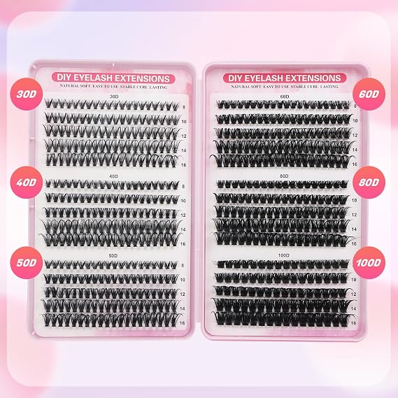 Cluster Lashes Individual Eyelashes 570pcs Natural Eyelash Clusters D Curl Lashes 8-16MM Soft & Fluffy Thick Volume DIY Russian Lash Extensions(30+40+50+60+80+100D)