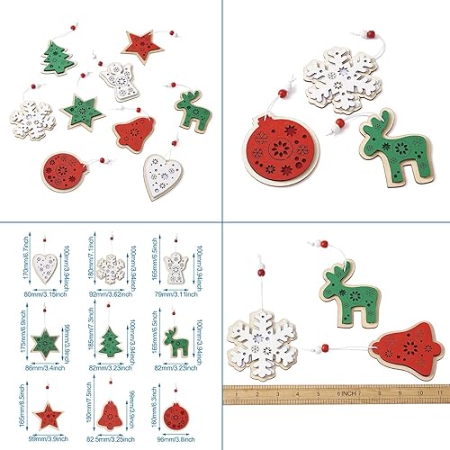 Miniatura 7 de 18 adornos de madera de Navidad, campanas de árbol de Navidad, reno, copo de nieve, corazón, ángel, recortes de madera, colgantes de madera con