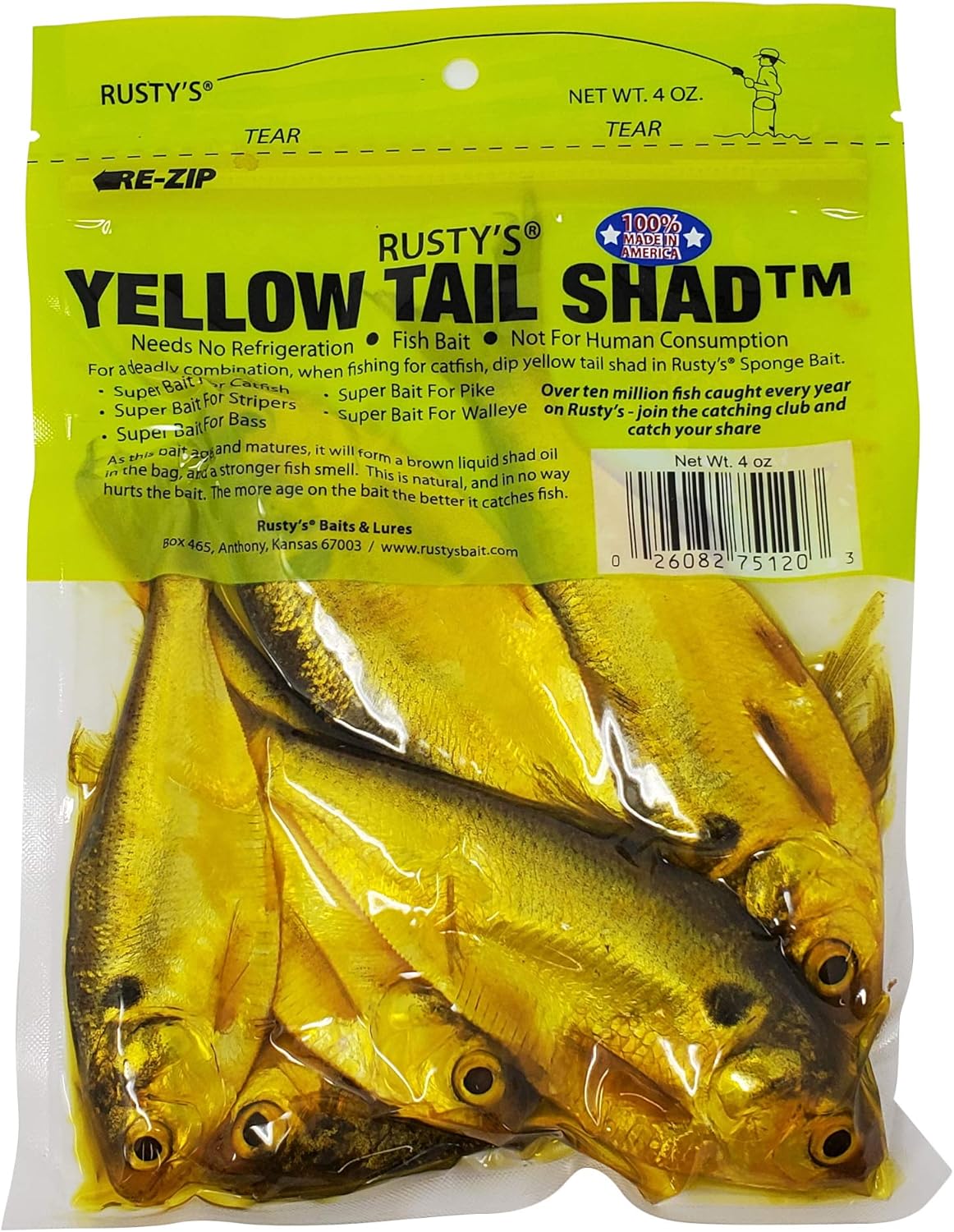 RUSTYS Bait Yellow Tail Shad, Bass Stripers, Walleye, Pike Fishing Bait