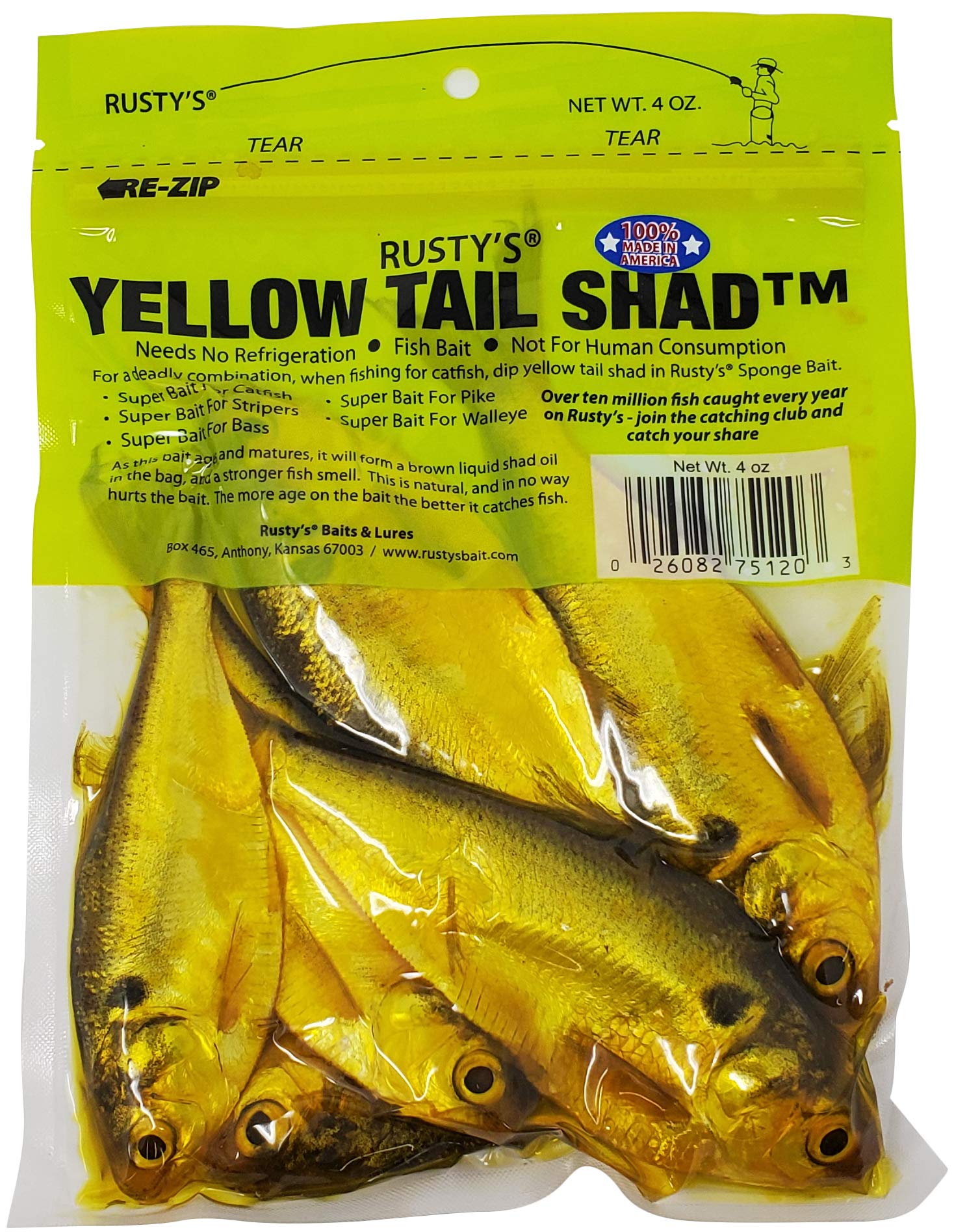 RUSTYS Bait Yellow Tail Shad, Bass Stripers, Walleye, Pike Fishing Bait, Attractant, Lure