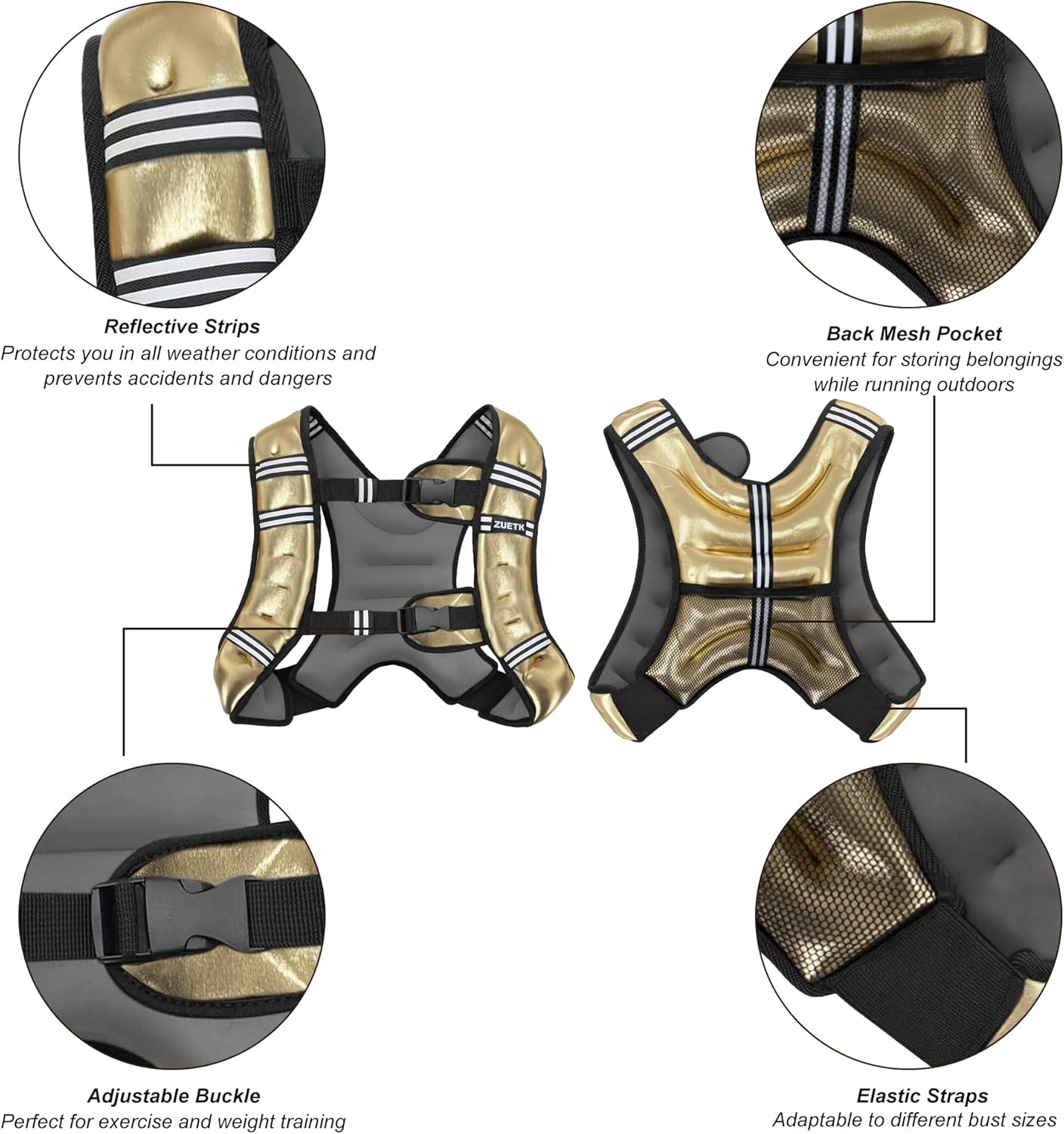 Weighted Vest, 6lb/8lb/12lb/16lb/20lb/25lb/30lb Weight Vest with Reflective Stripe, Weighted Vest for Men Women Workout Equipment for Strength Training, Running, Jogging, Fitness, Weight Loss 16LB PU-Gold