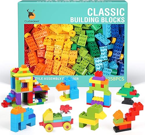 Cutedeer Juego de bloques de construcción grandes clásicos de 258 piezas para niños pequeños compatibles con todas las principales marcas, ladrillos
