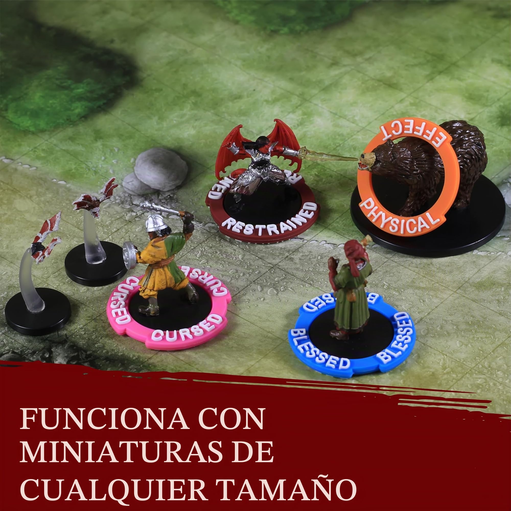Marcadores de Condición p/Miniaturas rol - 96 Condition Rings/Anillos con 24 Efectos de Estado y Hechizos. DND Tokens p/Figuras RPG, Dungeons and Dragons, Dragones y Mazmorras Regalo Accesorios D&D