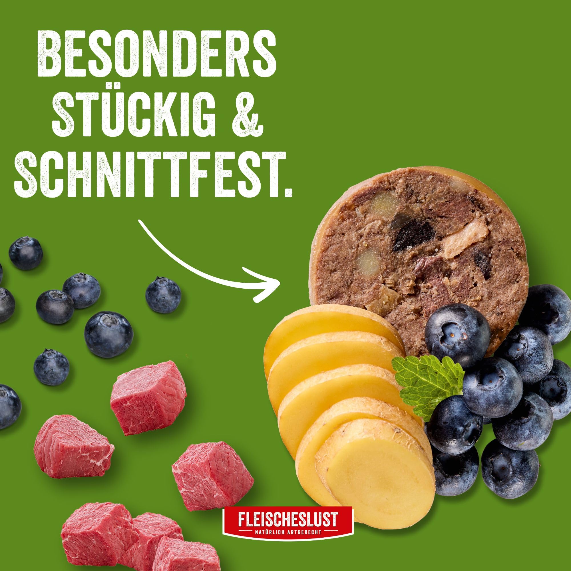 Fleischeslust Salchichas para perros, caza y ternera con patatas y arándanos, 6 x 800 g, comida húmeda, resistente a los cortes, sin cereales, pienso completo para perros adultos