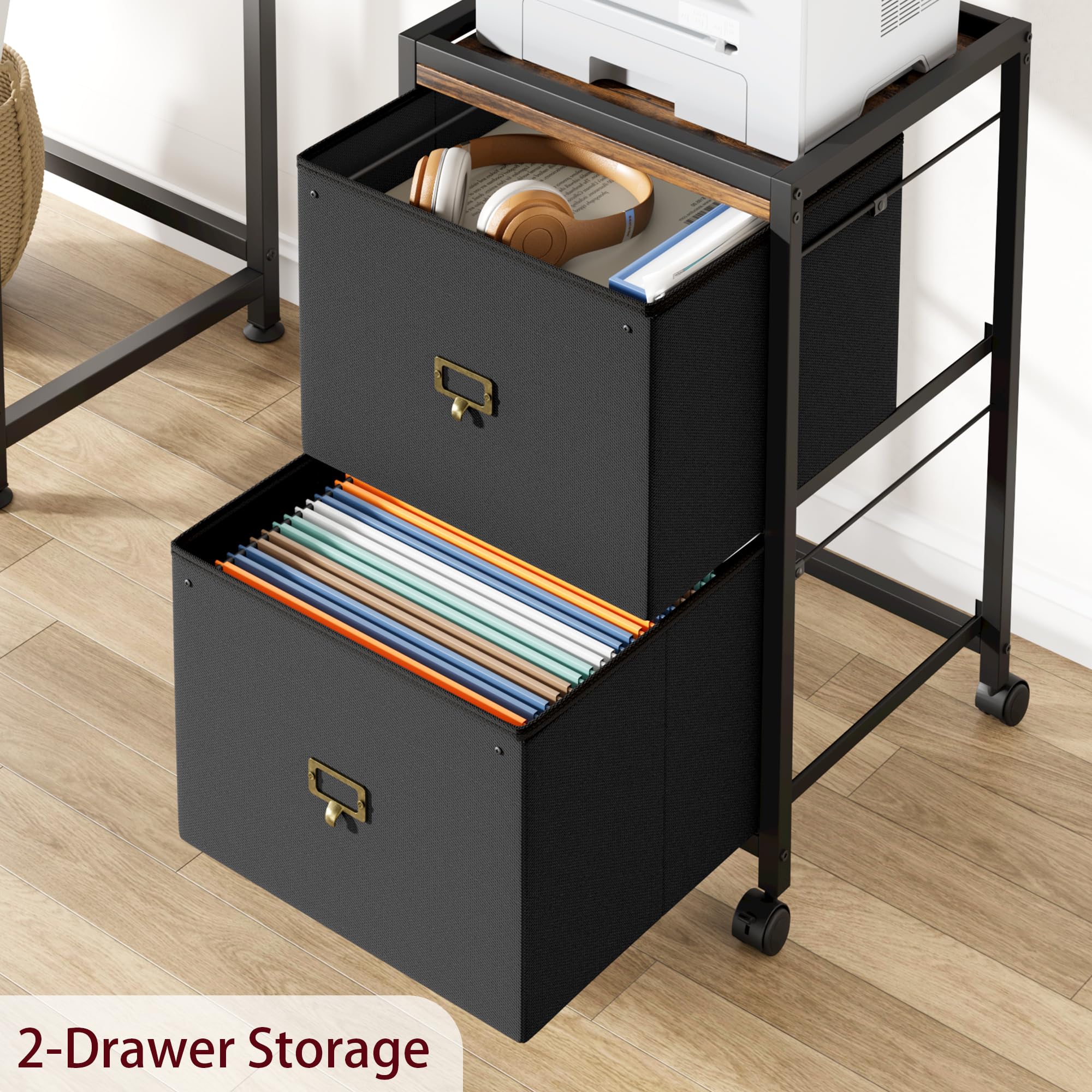 Archivador móvil con 2 cajones, unidad de almacenamiento debajo del escritorio con ruedas, muebles de almacenamiento de tela con marco de metal para el hogar, oficina, 40 x 40 x 66 cm