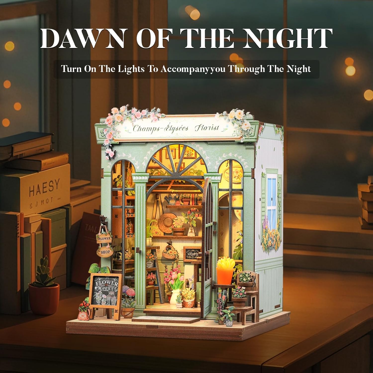 Fsolis Book Nook Kit, 3D Wooden Puzzles Booknook DIY Miniature House Kit for Adults Bookshelf Diorama Gifts for Women Puzzle Lovers (Champs-Élysées Florist)