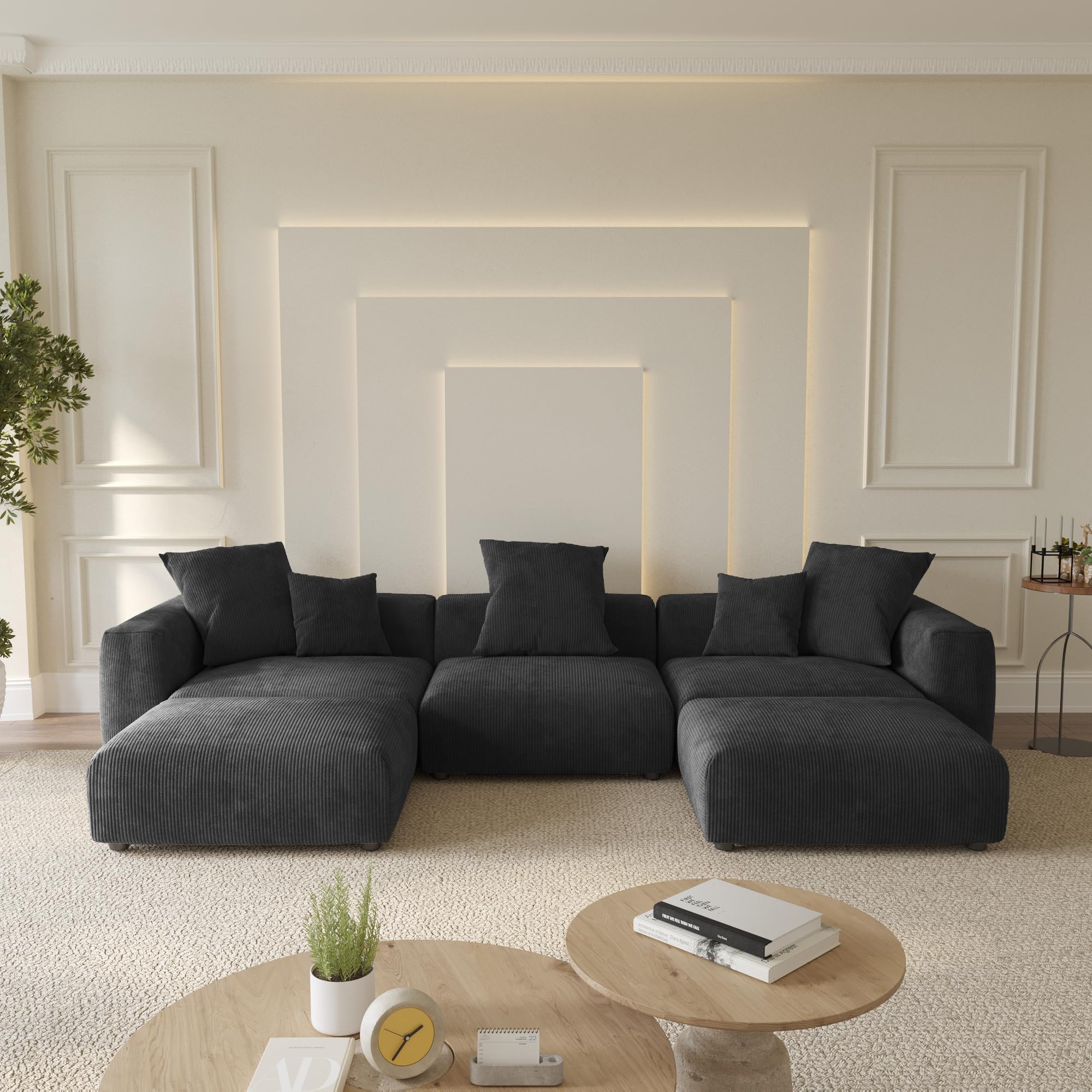 WJShome Cloud Couch Modular Sectional Sofa,141.73" U Shaped Sofa with 2 Ottomans,Black Corduroy Couch 5 Seater,Convertible Sectional Sofa for Living