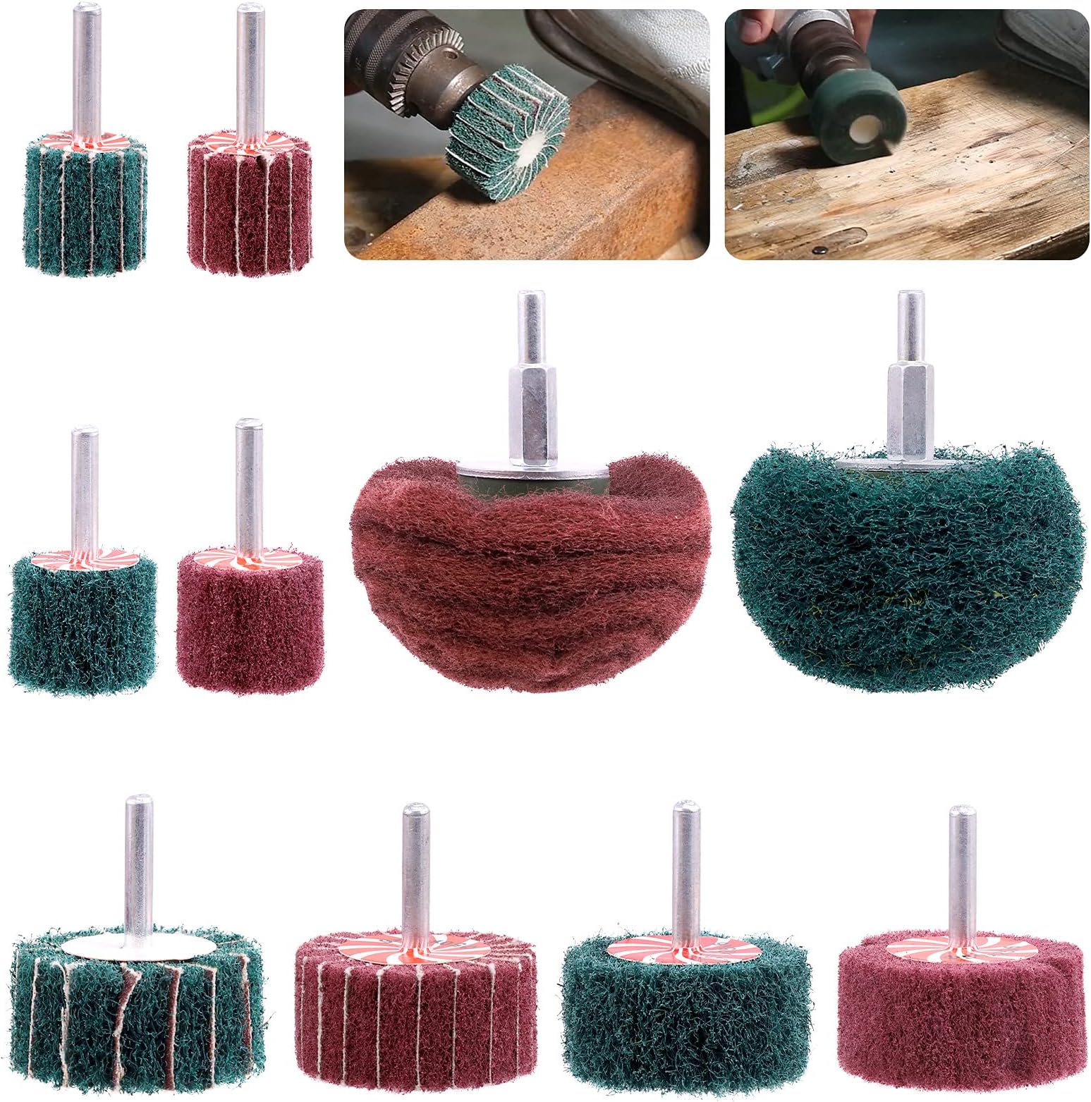 10Pcs Non Woven Abrasive Buffing Pads Wheels Drill Attachment Set, Scouring Pads Wheel with 1/4" Shank, Rotary Buffer Tool Accessories for Polishing Mirror Stainless Steel Copper Aluminum