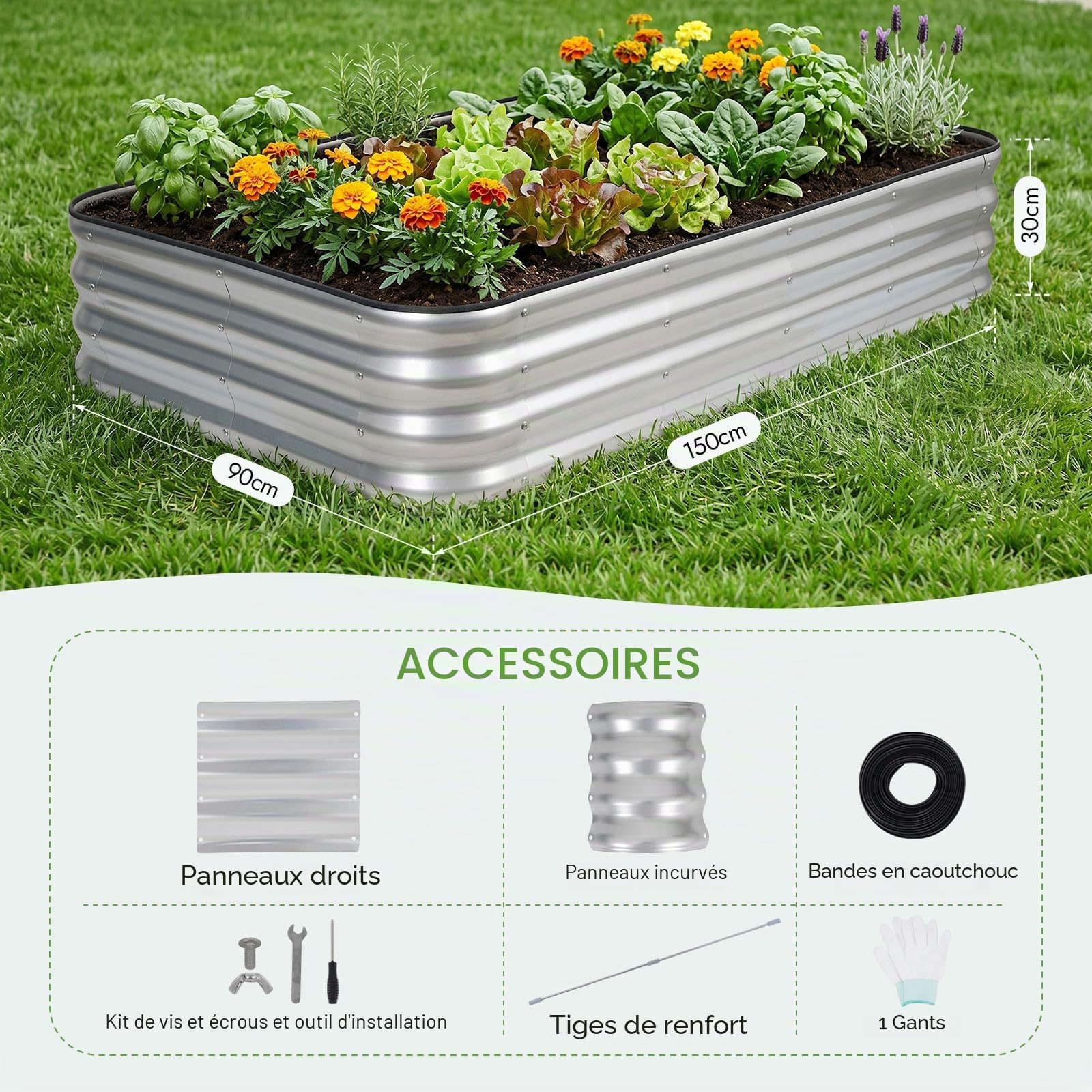 INNO STAGE Lot de 2 jardinières surélevées réglables en métal de 1,5 m pour cultiver des légumes, des herbes, des fleurs en acier - Argenté