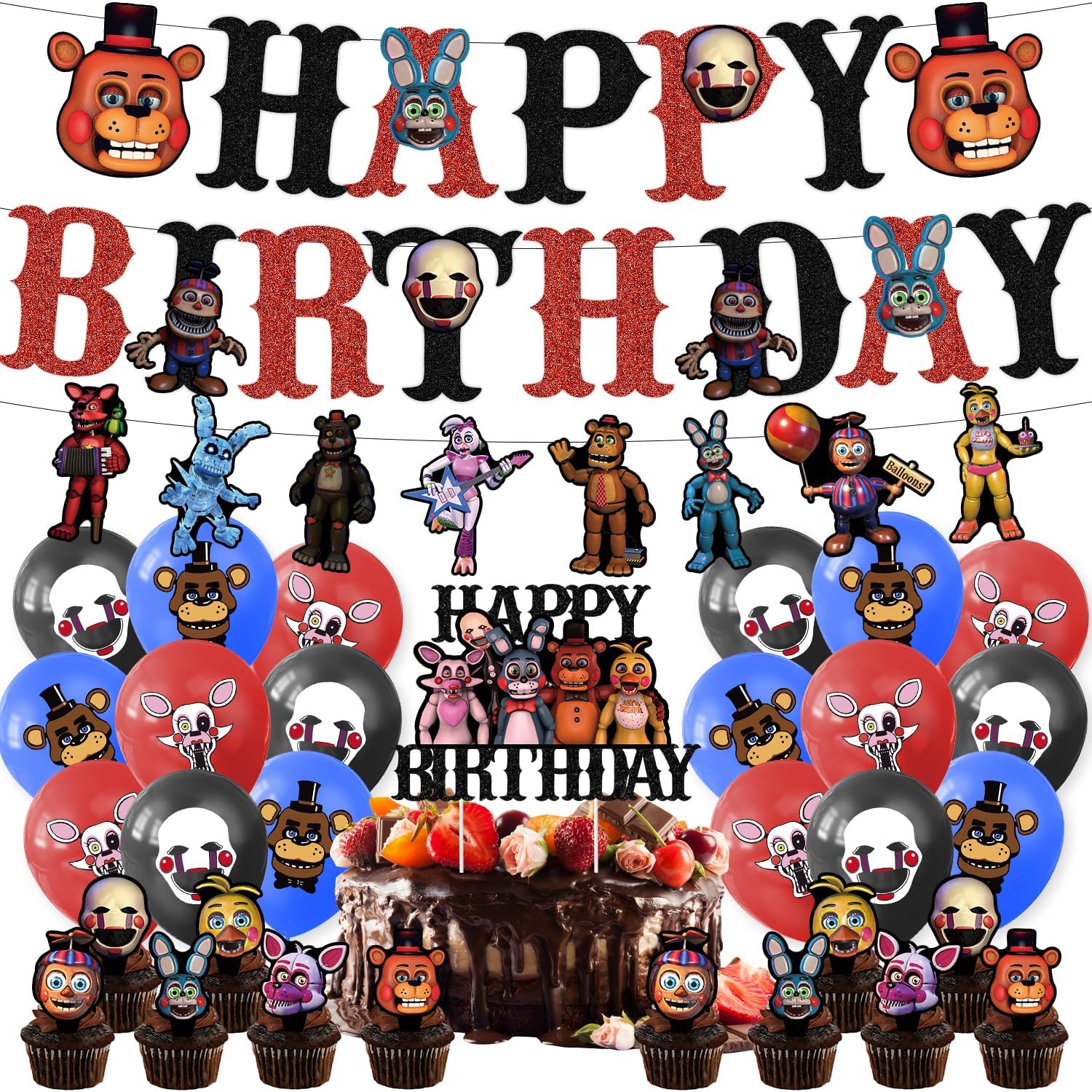 Five Nights at Freddy's Birthday Party Decorations Fnaf Party Supplies: Banner, Balloons, Cake Toppers, Cupcake Toppers, Cake Decorations