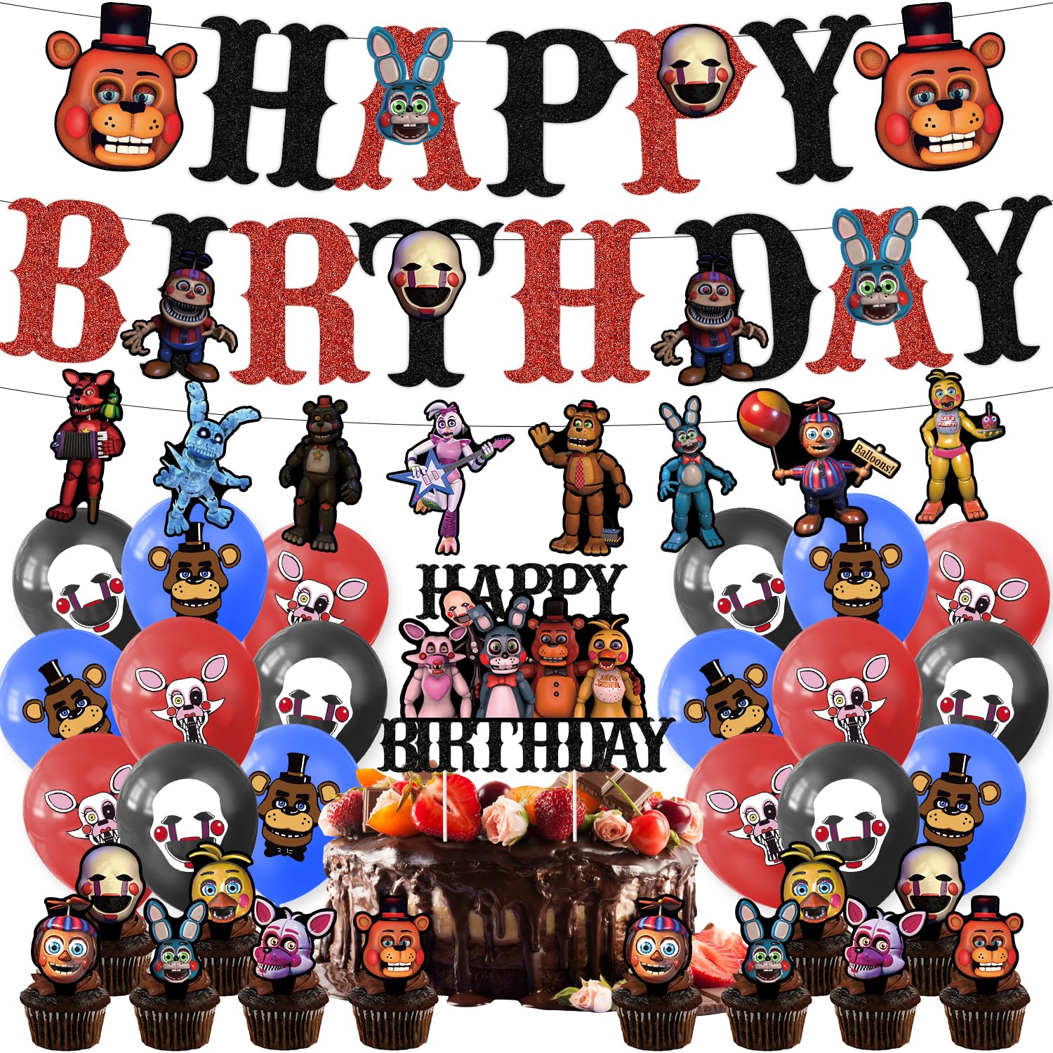 Five Nights at Freddy's Birthday Party Decorations Fnaf Party Supplies: Banner, Balloons, Cake Toppers, Cupcake Toppers, Cake Decorations