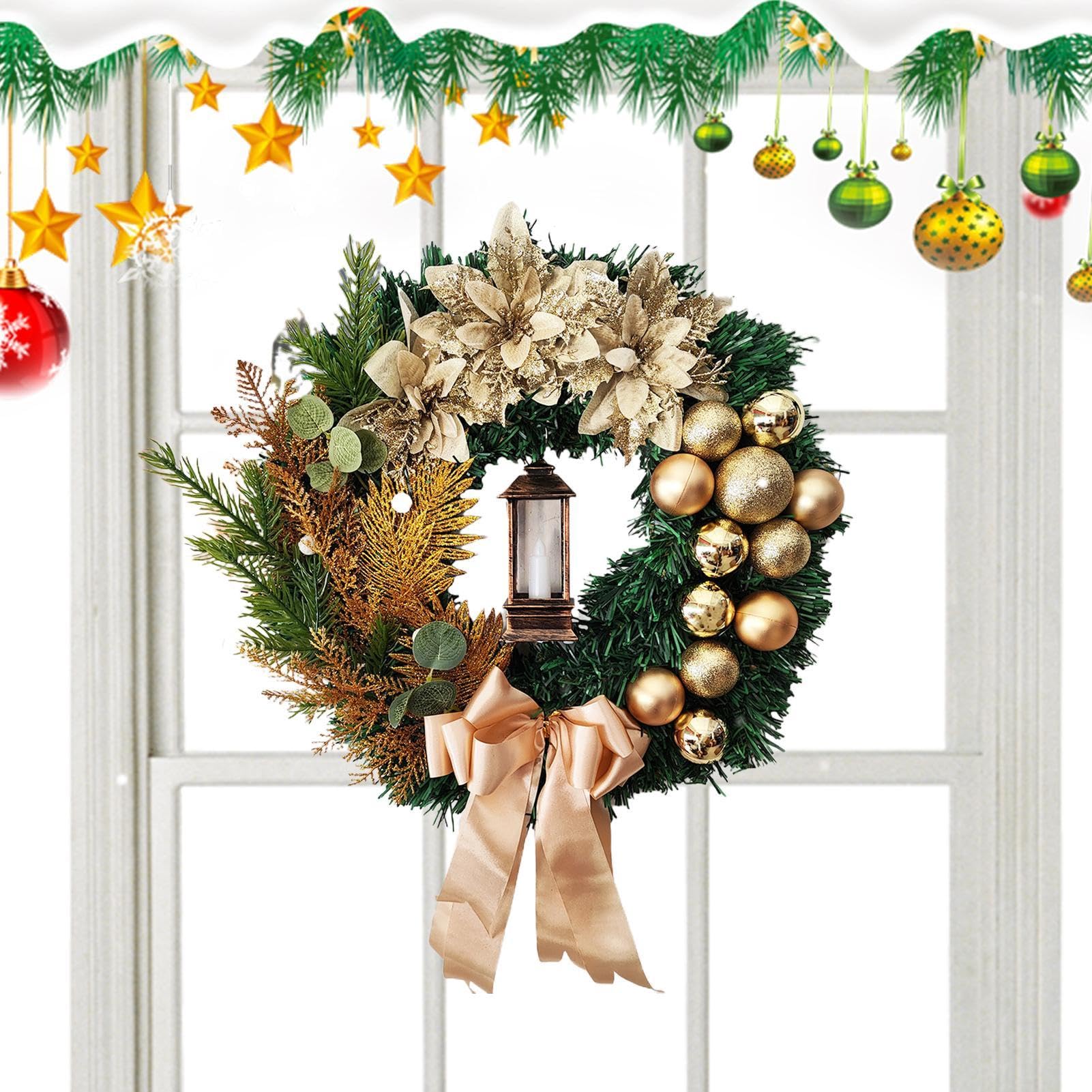 Couronne de Noël pour porte d'entrée de 16 pouces avec lampe à huile décorative