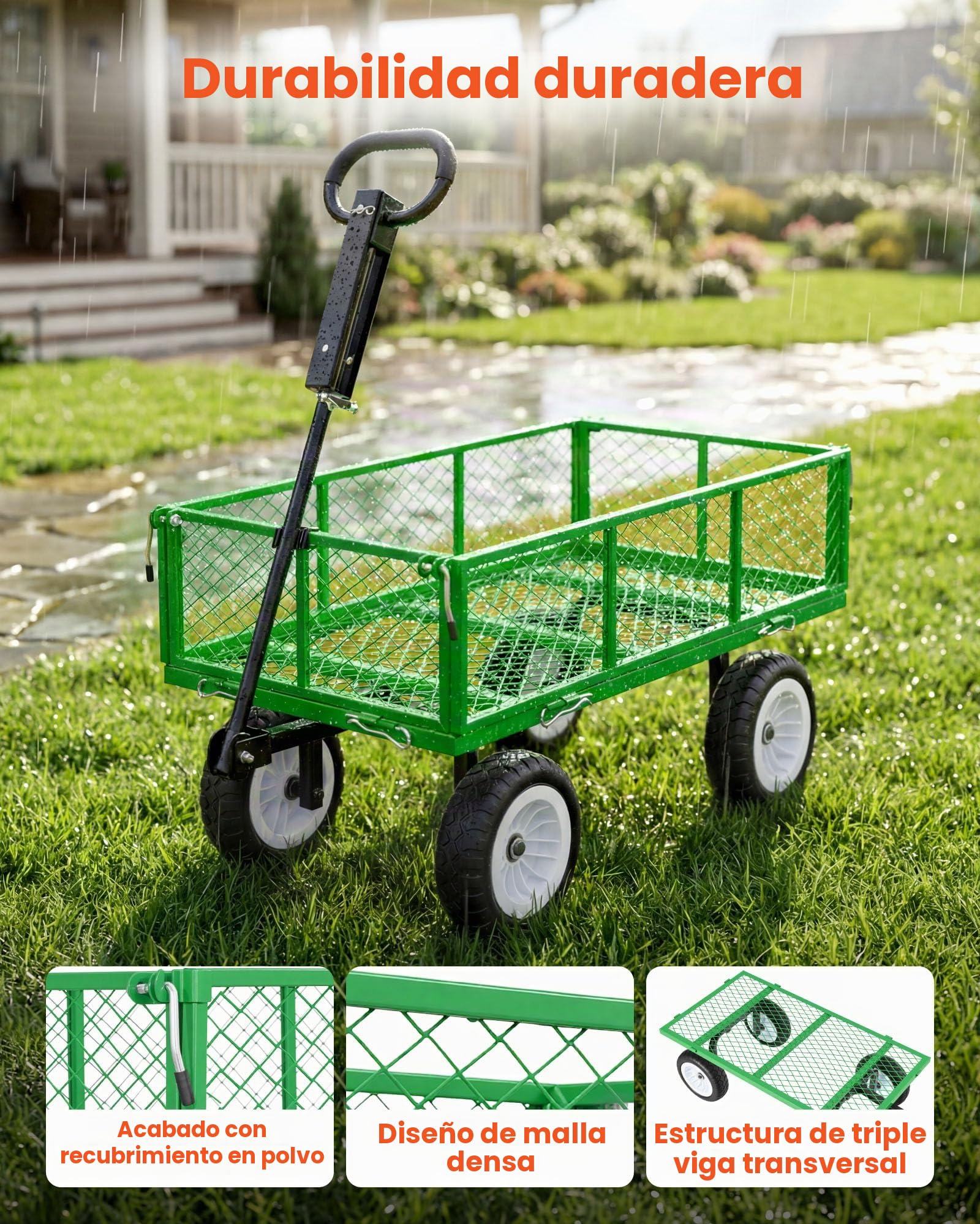 VEVOR Carro de Jardín con Ruedas, Carro de Mano Capacidad Máxima 408 kg, Acero Reforzado con Neumáticos, Asa Ajustable, Paneles Laterales Desmontables para Exterior Transporte de Carga Pesada, Verde