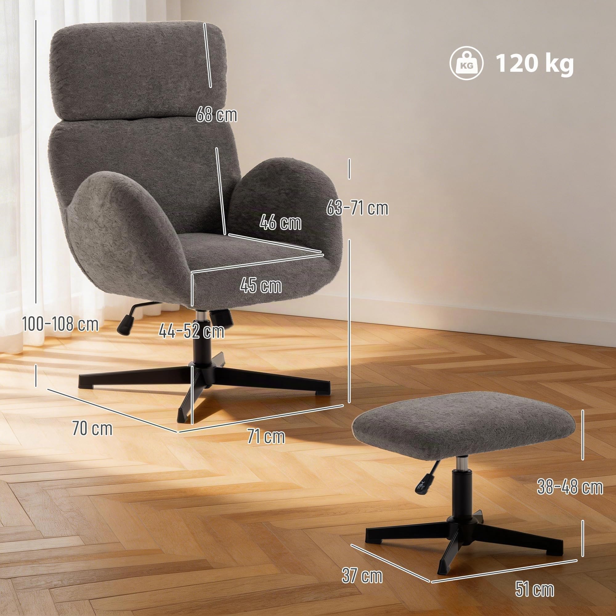 HOMCOM Relaxsessel mit Hocker Drehbarer Loungesessel mit Samtstruktur Grau
