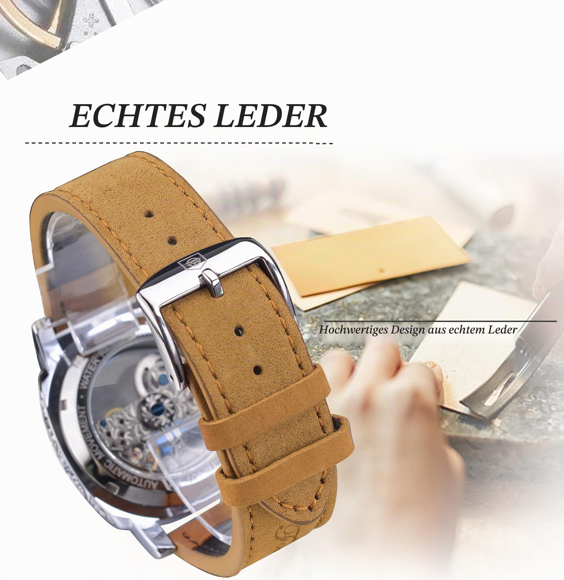 FORSINING Herren-Armbanduhr, modisch, klassisch, Skelett, quadratisch, transparentes Zifferblatt, automatisch, mechanische Armbanduhr, Leder, leuchtend, wasserdicht