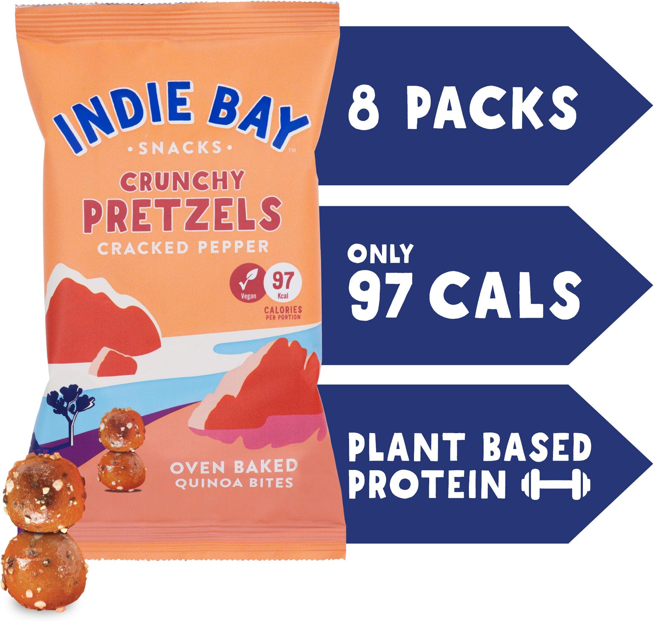Indie Bay Snacks Pretzel Bites - Healthy Snack - Source of Protein & Fibre - Vegan - Quinoa & Cracked Pepper (8 x 100g)