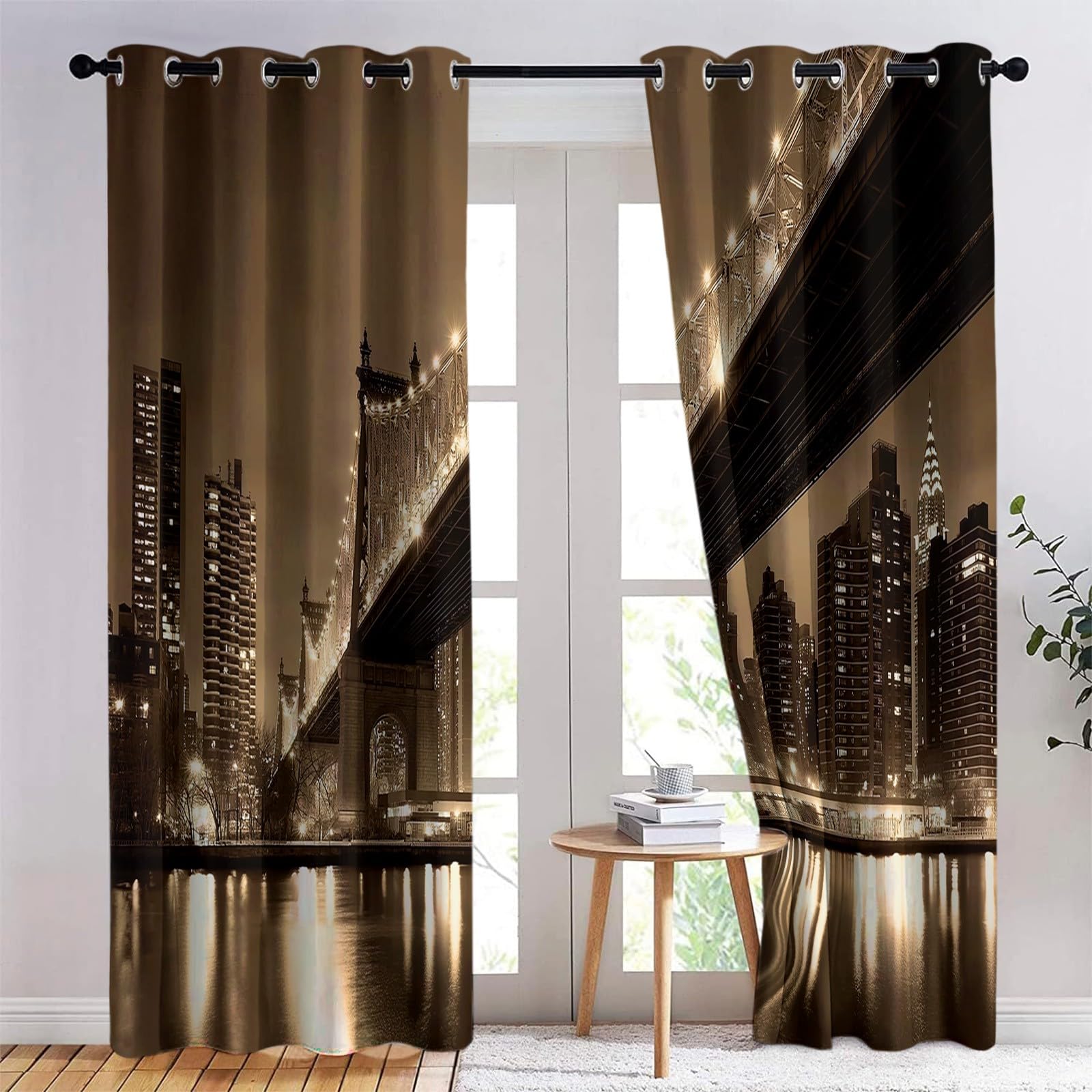 2 panele Zasłony zaciemniające 140 x 245 cm, Architektura z nadrukiem z mostem z przelotkami, dla dziewczynek i chłopców, do salonu, sypialni, miękka i odporna na zmarszczki, kawowo-brązowa