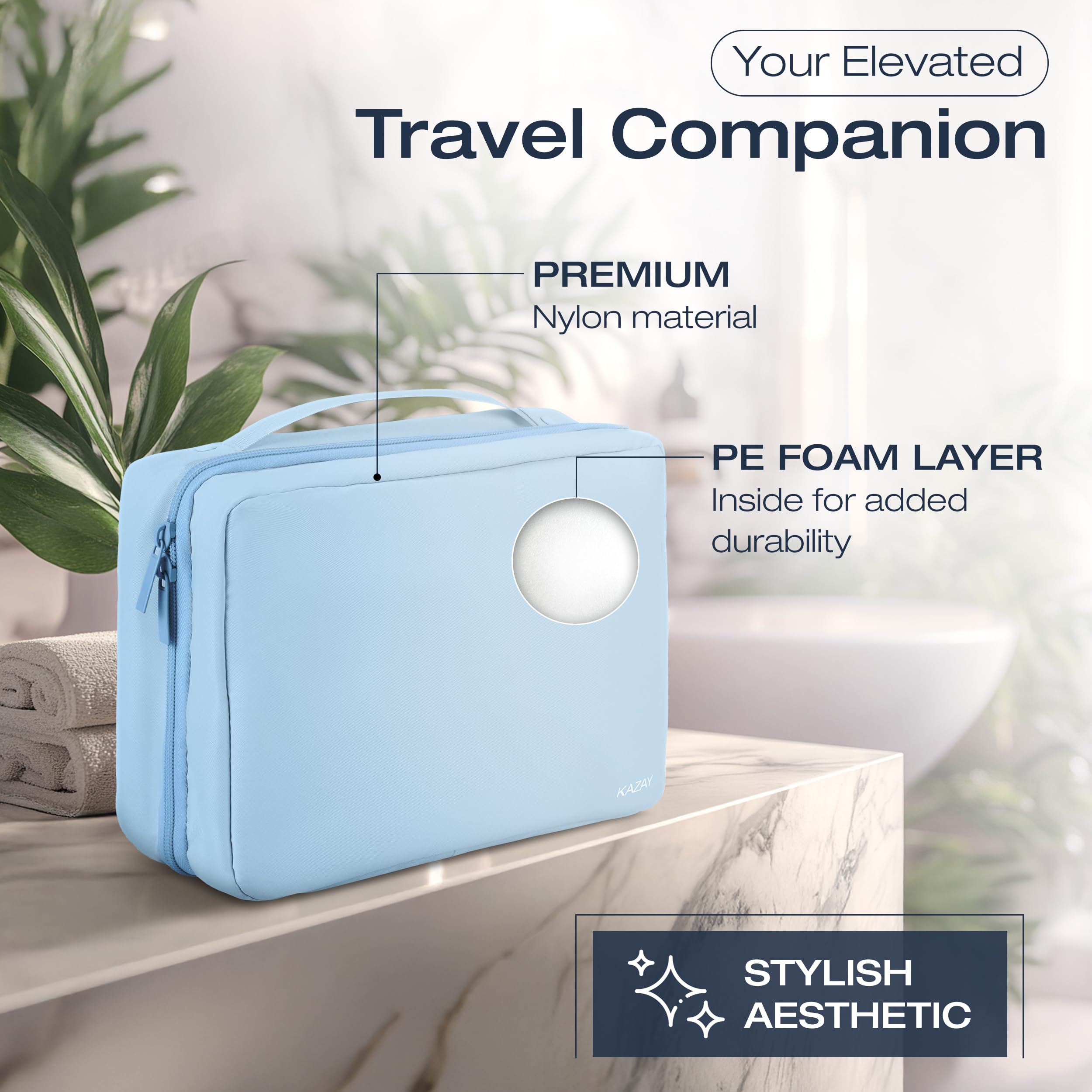 KAZAY Neceser colgante, diseño inteligente 2 en 1 con bolsa desmontable, resistente al agua, nailon premium, botellas de tamaño completo, bolsa de cosméticos, bolsa de maquillaje, Azul claro, Compact