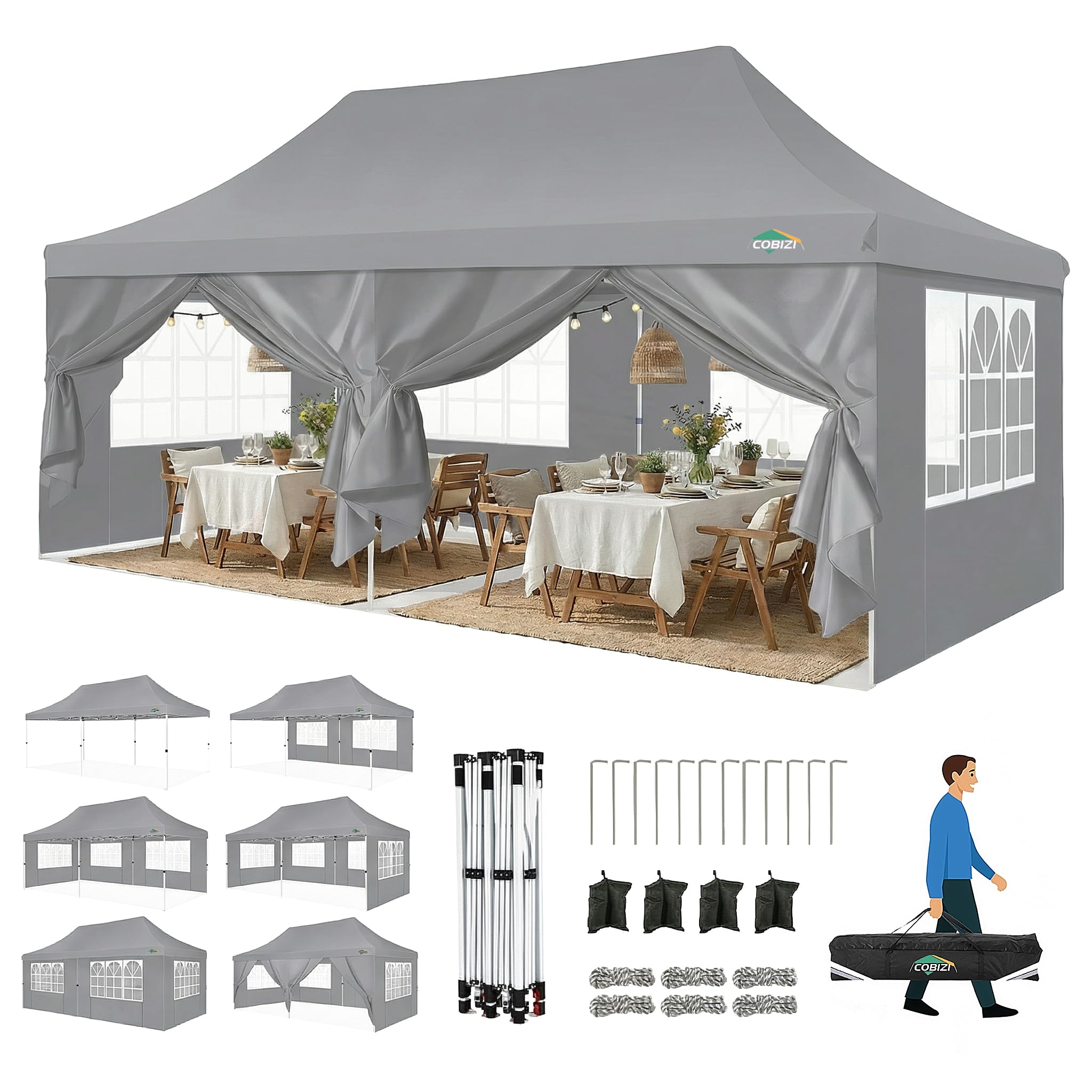 TOOLUCK Folding Gazebo 3 x 6 m 3 x 6 m Outdoor Waterproof Professional Garden Gazebo with 6 Side Walls Gazebo Tent UV 50+