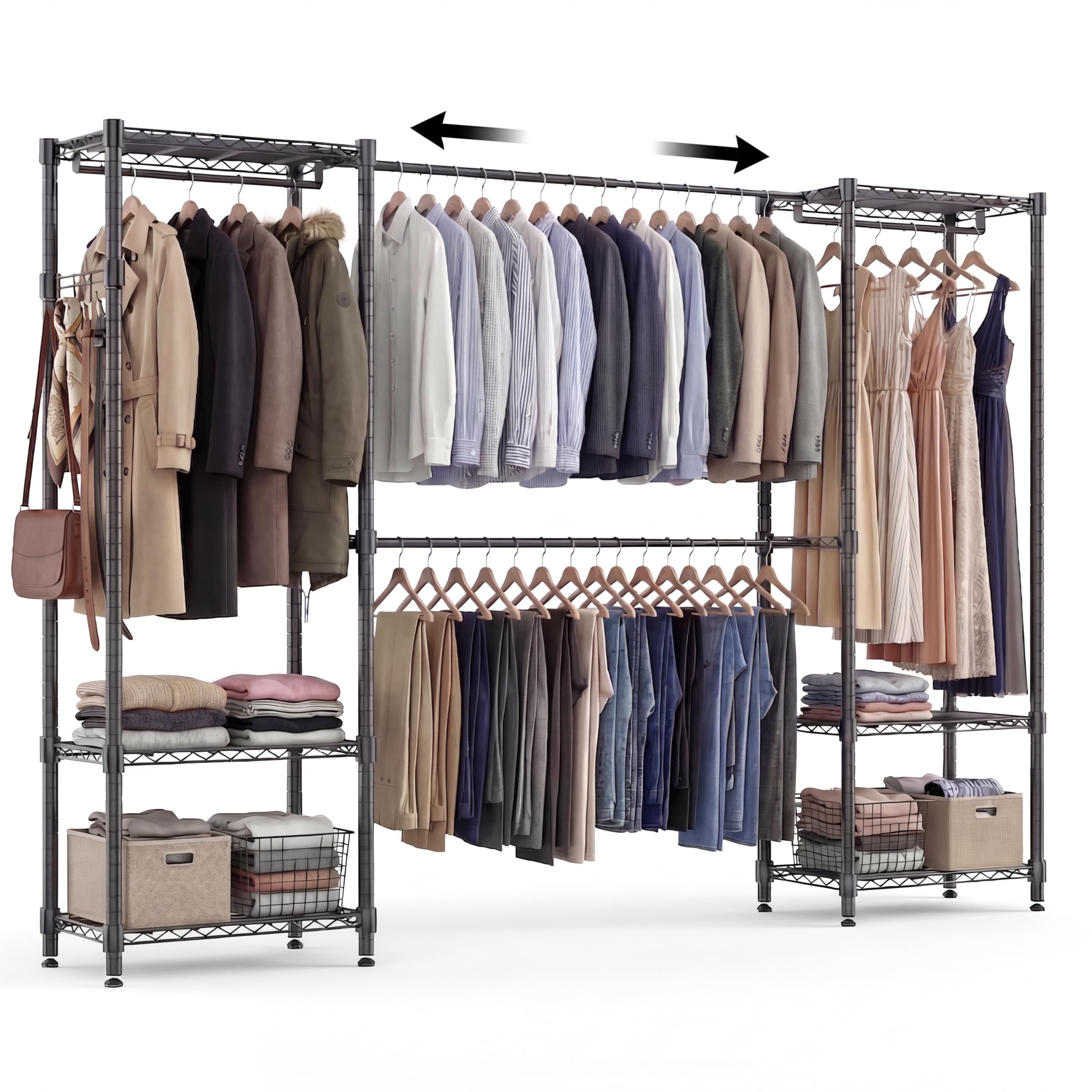 Himimi Heavy Duty Extendable Clothes Rail, 35×(182-240)×180 cm, Open Metal Wardrobe Organiser with 4 Hanging Rods & 6 Adjustable Shelves, Telescopic Garment Rack Walk-in Wardrobe Storage System, Black