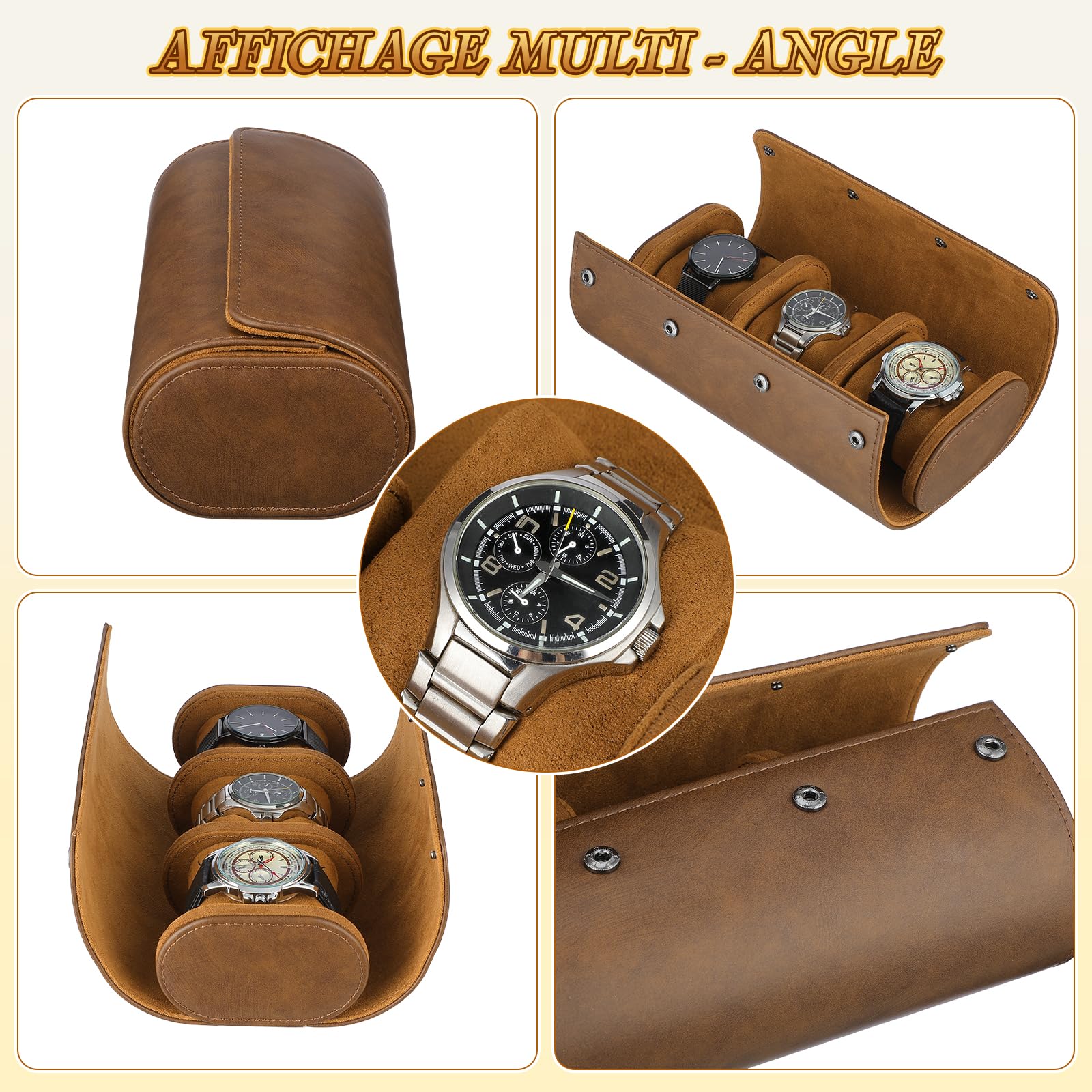 VILLCASE Boîte de Rangement pour 3 Montres, Étui de Voyage Portable en Cuir PU, Rouleau de Transport avec Coussins Souples, Coffret Cadeau Homme - Marron