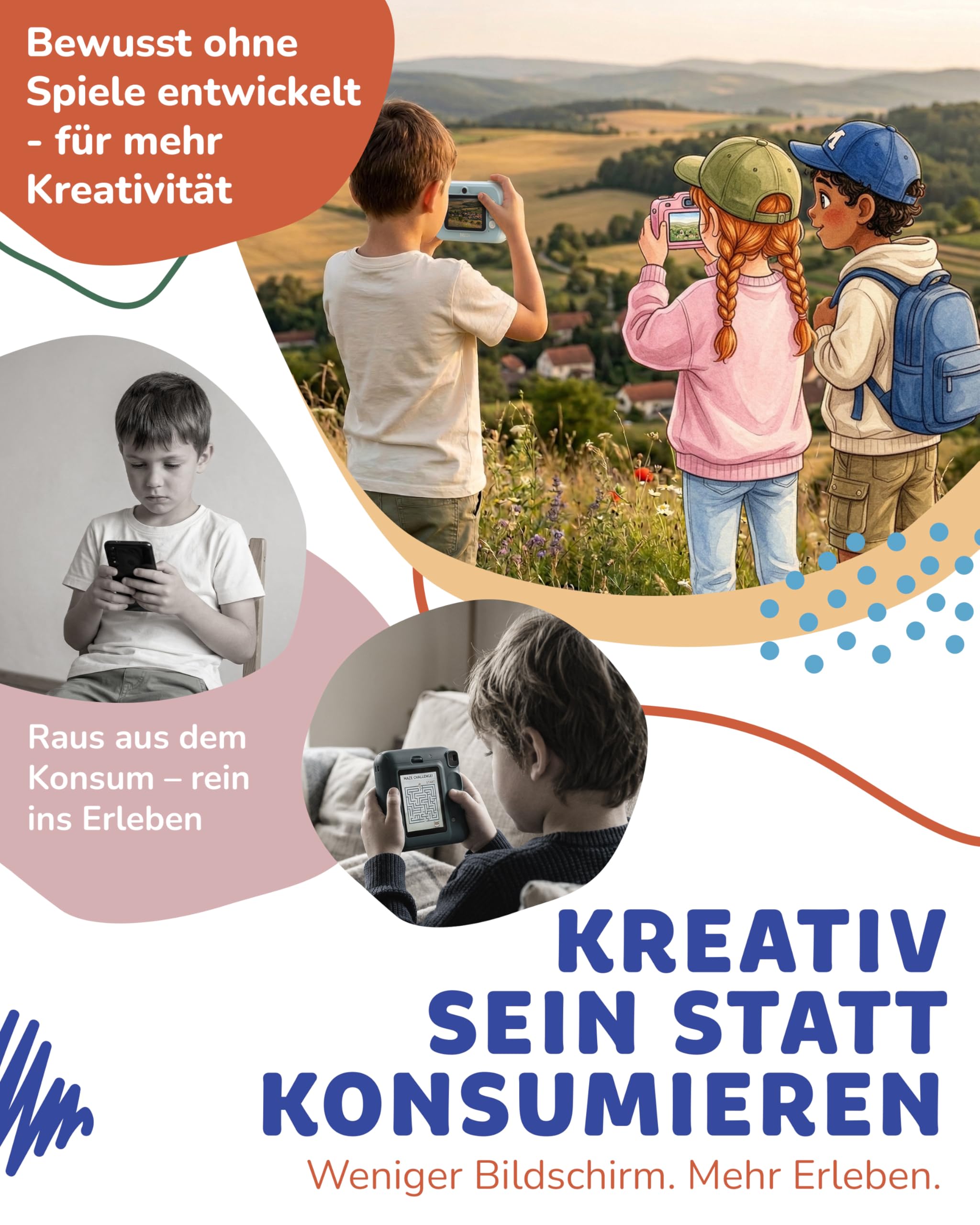 Cámara infantil instantánea para niños, cámara digital de impresión instantánea – Cámara para niños con impresión fotográfica, 16 GB SD, 4 rollos, pegatinas, bolígrafos, USB-C, sin juegos (azul)