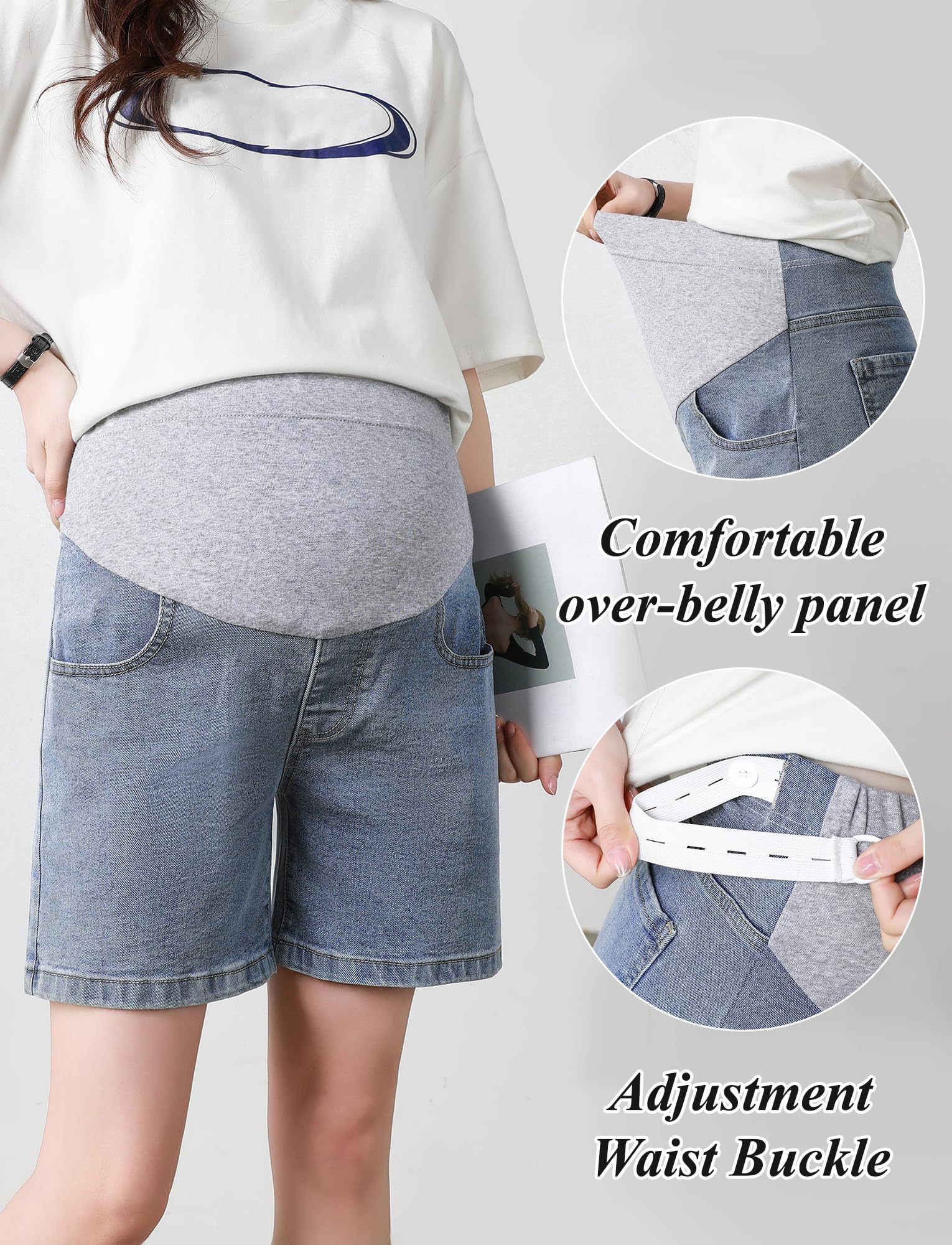 FEOYA Premaman Estiv Pantaloncini Classici a Gamba Dritta Jeans di maternità alla Moda Denim Shorts di maternità con Vita Elasticizzata S-4XL