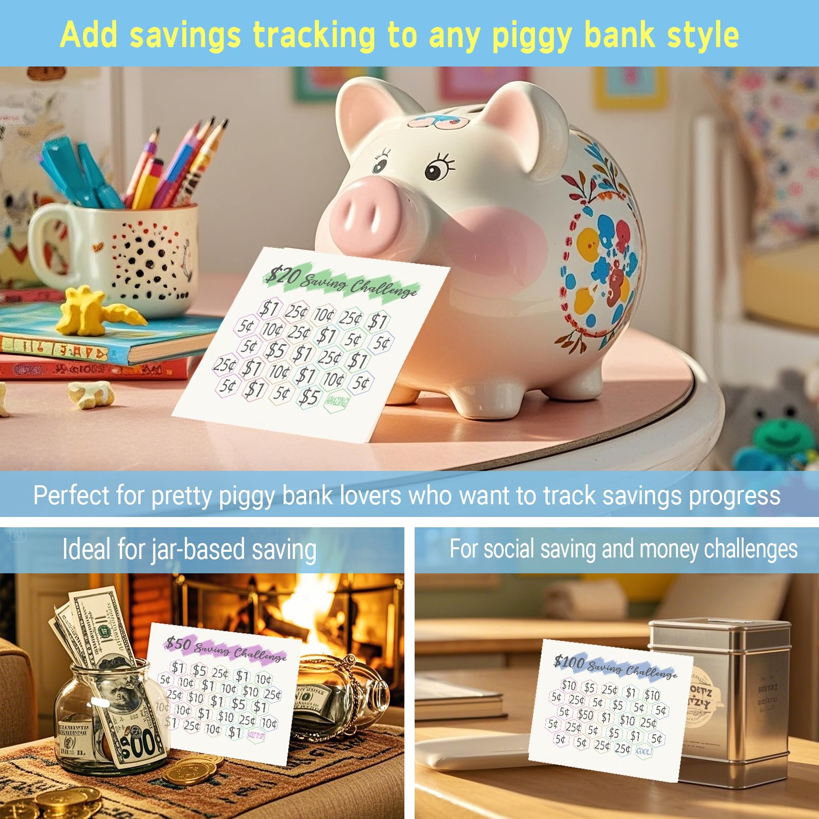 Add Savings Tracking to Any Piggy Bank Style, Piggy Bank Accessory-Money Goal Tracker,Companion for Piggy Bank-Saving Challenge Card, Piggy Bank Saving Sheet,Teaching Money Tool, 12 Pcs-Easy Mode