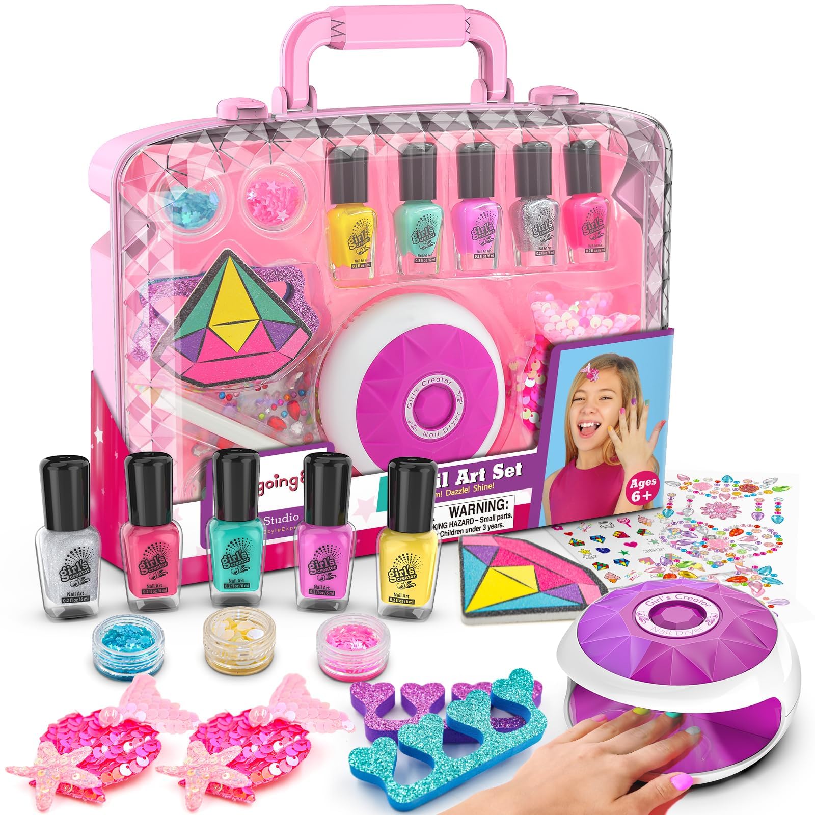 Amagoing Kids Nail Polish Set for Girls, All-in-One Nail Art Kit with Storage Box Ages 6-8, Non Toxic Nail Polish, Nail Dryer, Mermaid Hair Clip, Little Girl Toys Birthday Gift for 5 6 7 8 Years Old