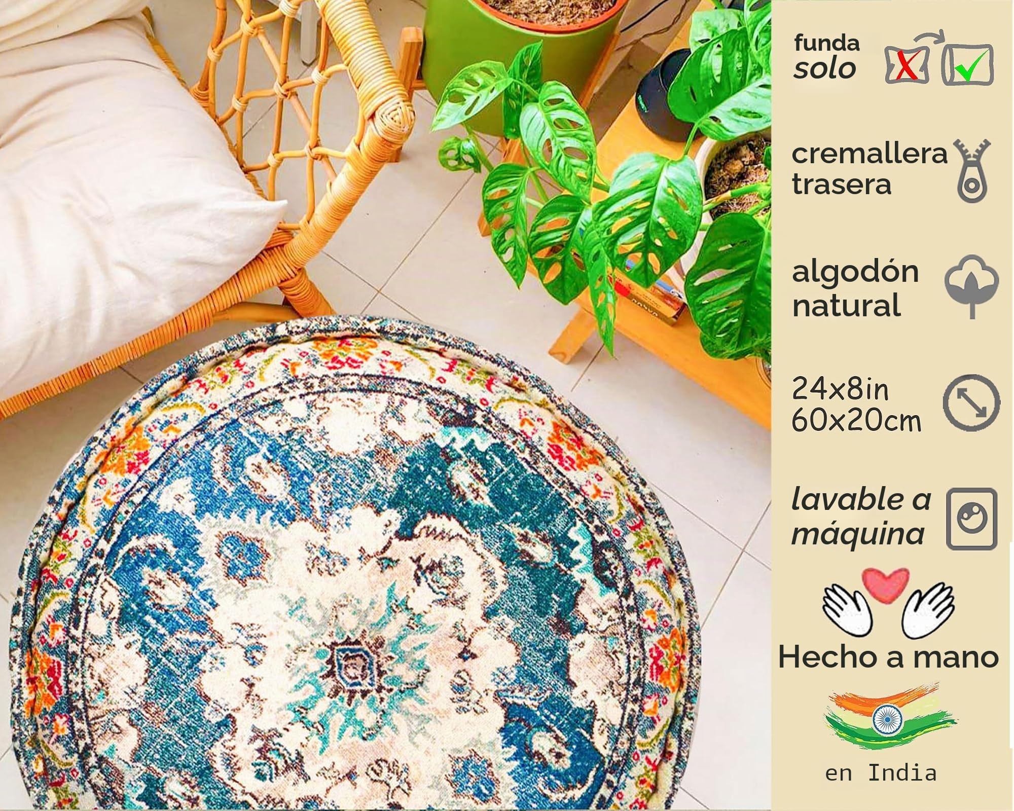 Mandala Life ART Cojín de Piso Bohemian Rug - Solo FundaRedonda 60x20 cm - Puf de decoración de habitación Artesanal de Lujo para meditación, Yoga y Boho Chic Funda de Almohada de Piso para Asientos