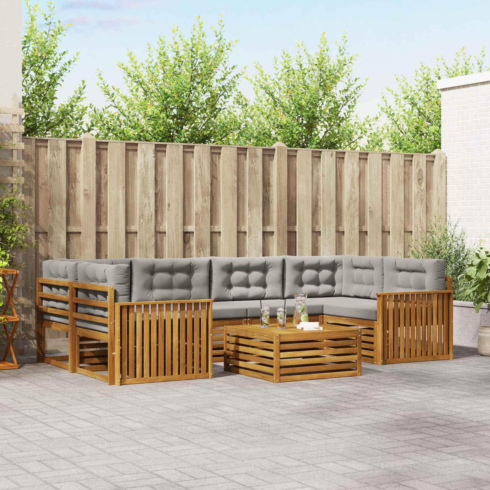 Zestaw wypoczynkowy z poduszkami, 7 sztuk, z litego drewna akacjowego, odporny na warunki atmosferyczne, do ogrodu, na taras, balkon, nowoczesne wyposażenie, trwały zestaw mebli