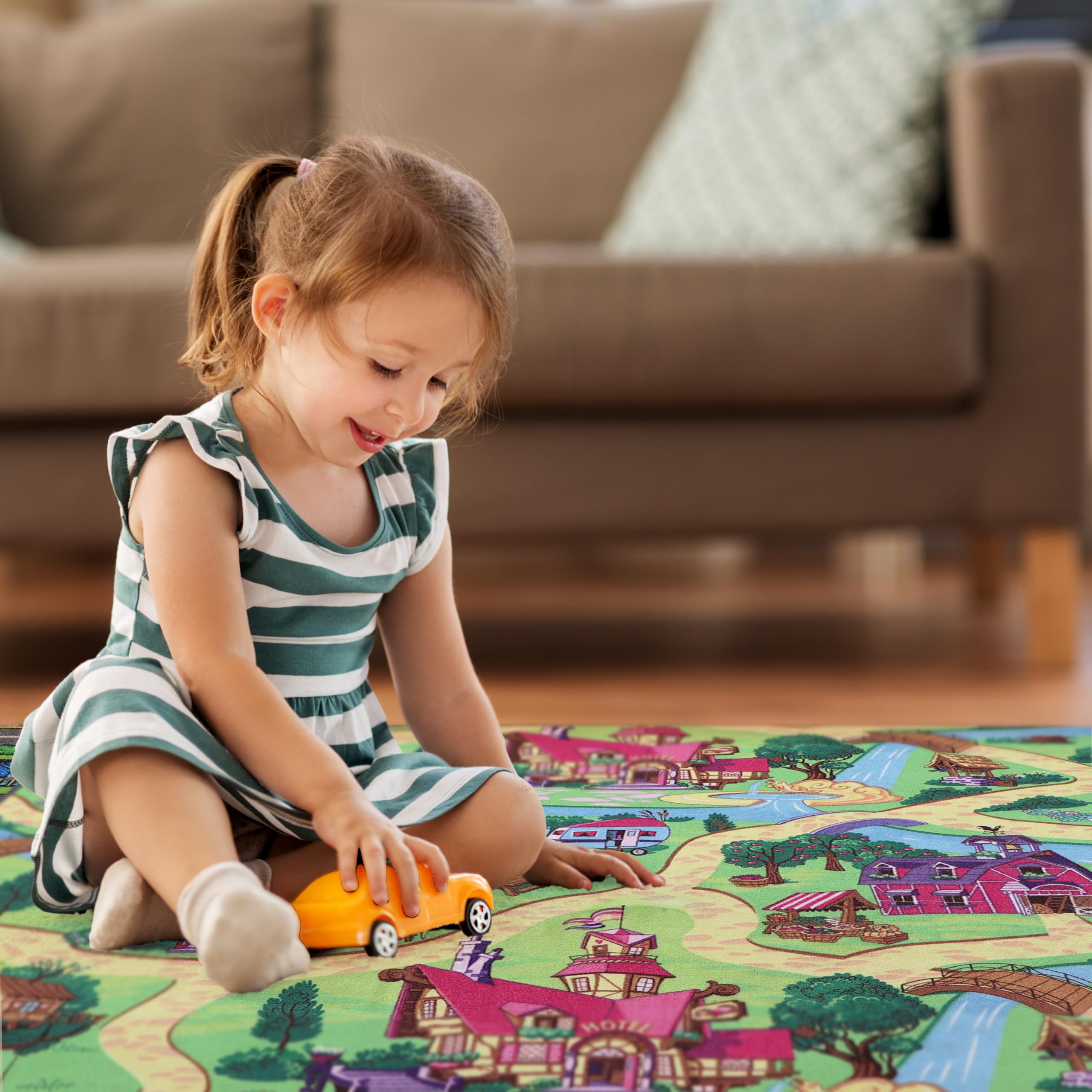 Primaflor Kinderteppich CANDY TOWN rosa 160 x 200 cm Interaktiver Straßenteppich mit Märchenkulisse, kurzflorige Kindermatte mit Straßen und Flüssen, CE geprüft, pflegeleicht, Fußbodenheizung geeignet