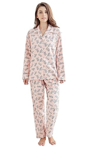 Women's 100% Cotton Long Sleeve Flannel Pajama Set Sleepwear - Small - Pink Green Trees