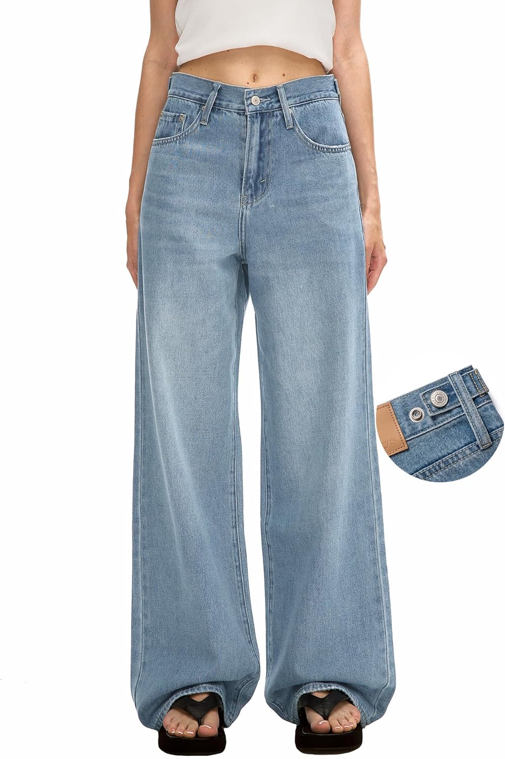 Women’s Adjustable Wasit Baggy Jeans with Snap-Button Waistband Wide Straight Leg High Rise Jeans Denim Pants Y2K Trousers