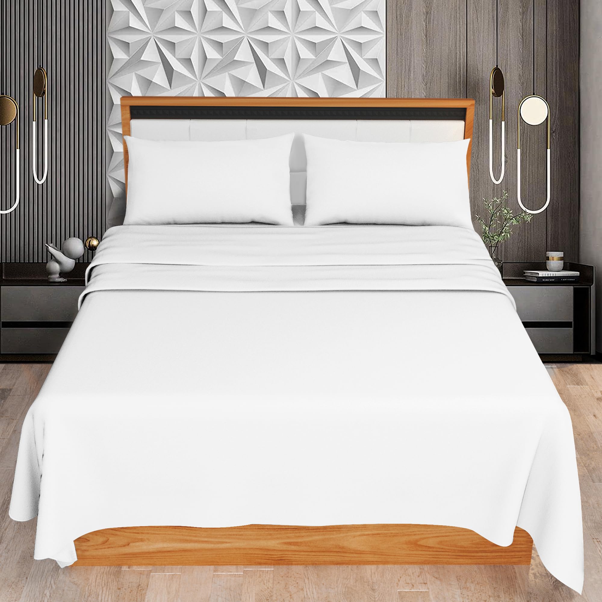 HOME ACE White Double Sheet Set (Fitted Sheet + Flat Sheet + Pillow Case) - Easy Iron Polycotton Double Bed Sheet Set - 100% Poly Cotton Sheets Set Double Bed