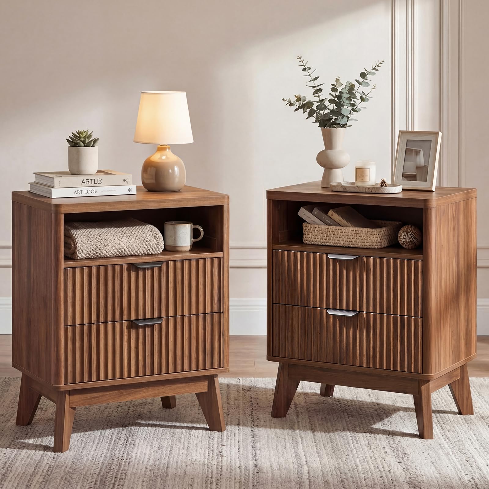 LYNCOHOME Bedside Tables Set of 2,Wood Bedside Drawers with Shelf,Bed Side Table for Bedroom, Living Room,2 Pack