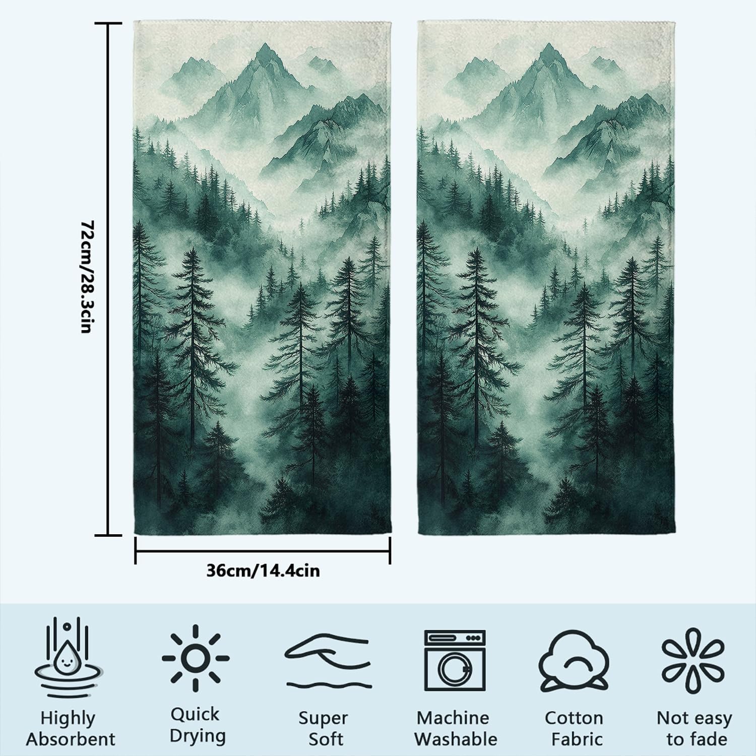 Forest Bath Hand Towel Set of 2 Misty Pine Tree Mountain Vintage Absorbent Hand Towels Decorative Kitchen Dish Towel Guest Bathroom Towels 14x28 inch - Image 2