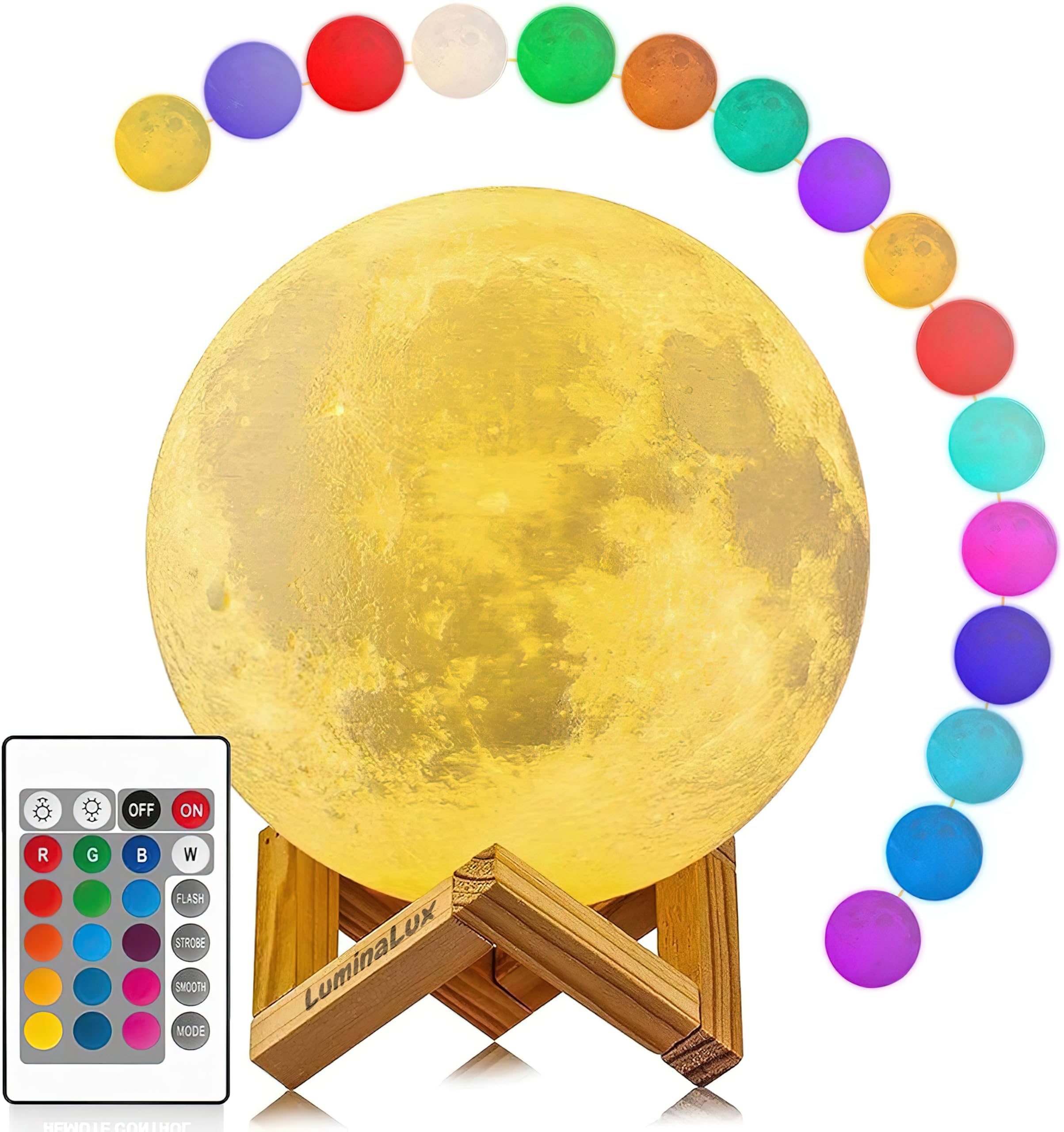 LuminaLux Moon Lamp 2025 3D Printing Night Light 16 Colors RGB LED with Wooden Stand Remote & Touch Control Dimmable USB Rechargeable Gift for Bedroom Living Room