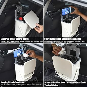 Leakproof Car Trash Can, Mini Hanging Garbage Can with Lid, Vehicle Trash Bin for Back Seat Car Garbage Bin for Sedans, SUVs, MPVs & Trucks (White)