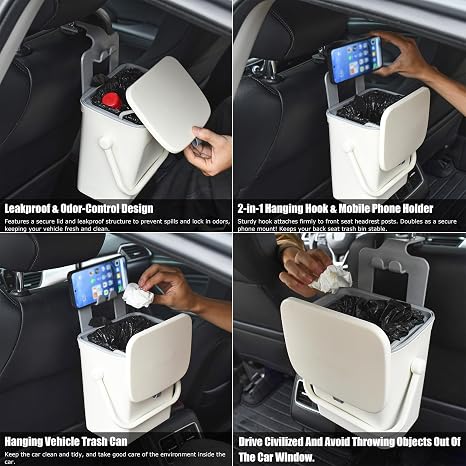 Leakproof Car Trash Can, Mini Hanging Garbage Can with Lid, Vehicle Trash Bin for Back Seat Car Garbage Bin for Sedans, SUVs, MPVs & Trucks (White)