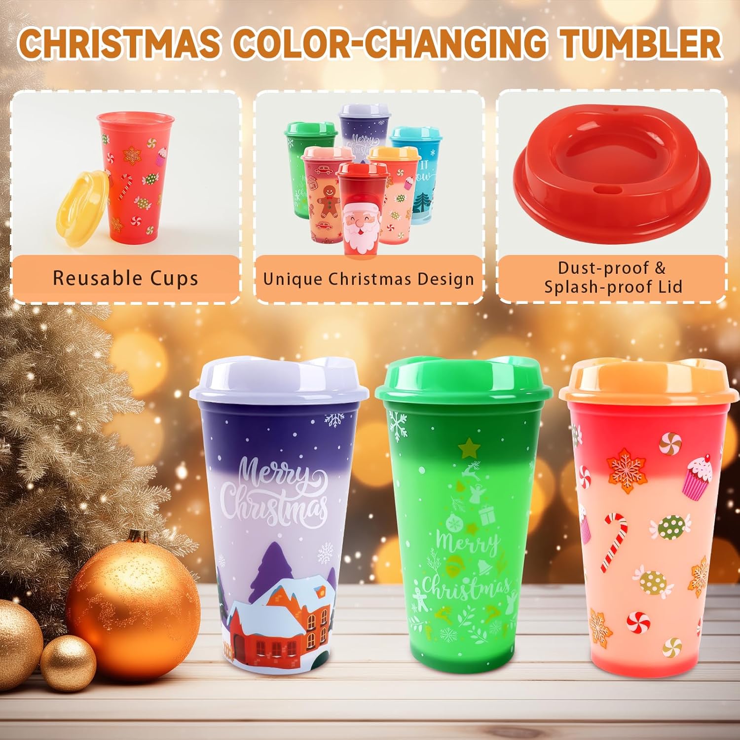 6pcs Christmas Color Changing Hot Cups with Lids, Plastic Reusable Hot Coffee Cups for Adults Kid Winter Christmas Holiday Birthday Party Cups Tumblers, 16 Oz - Image 4
