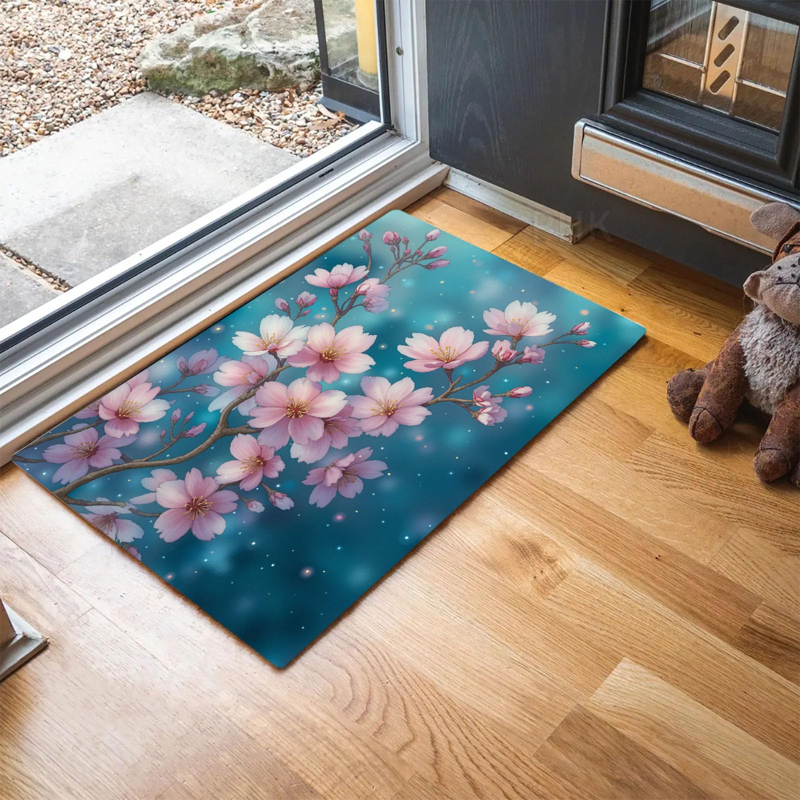 Felpudo entrada 45 x 75 cm alfombra absorbente flores cerezo acuarela lavable