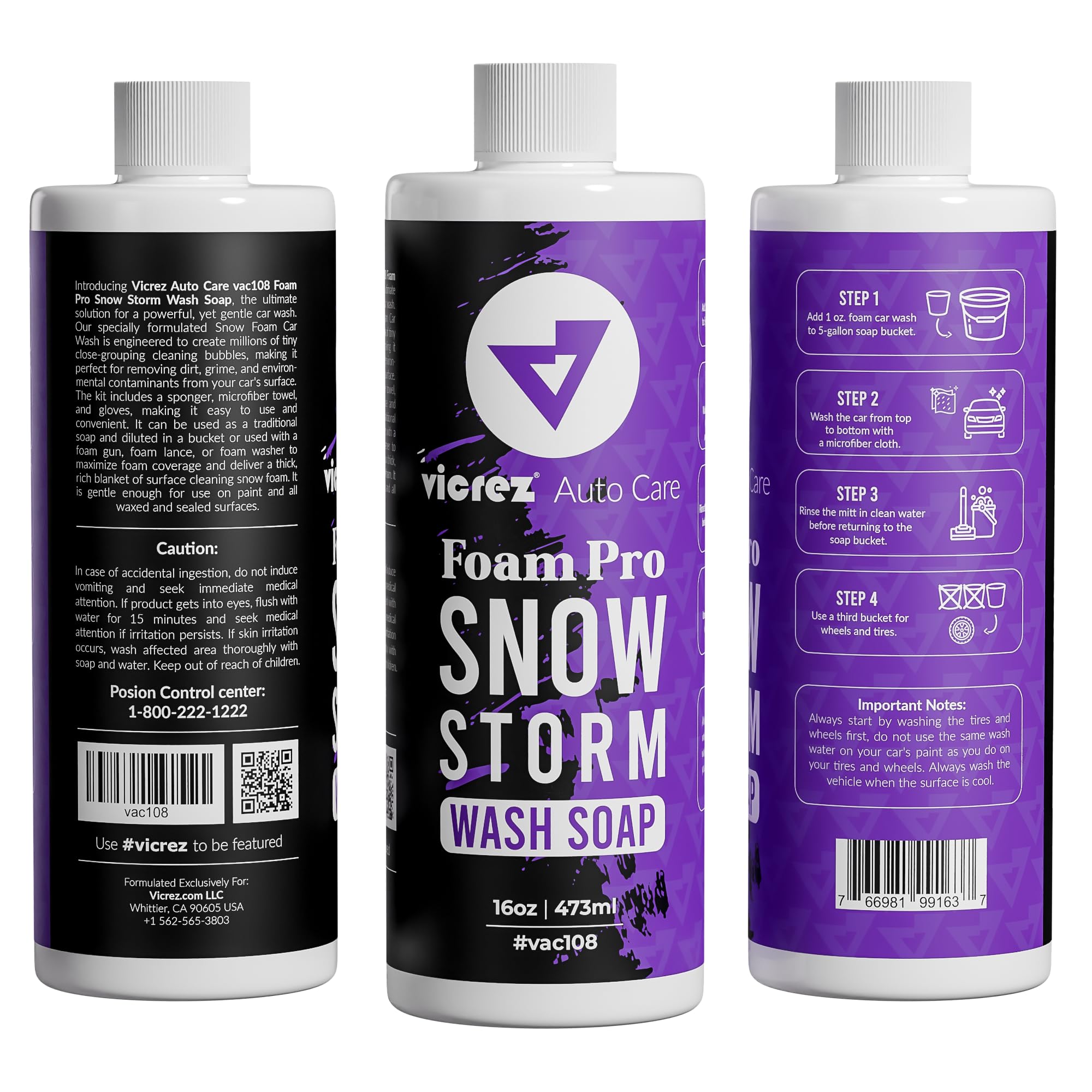 Vicrez Auto Care vac108 Foam Pro Snow Storm Wash Soap w/Sponger, Microfiber Towel and Gloves 16 Oz/ 473ML