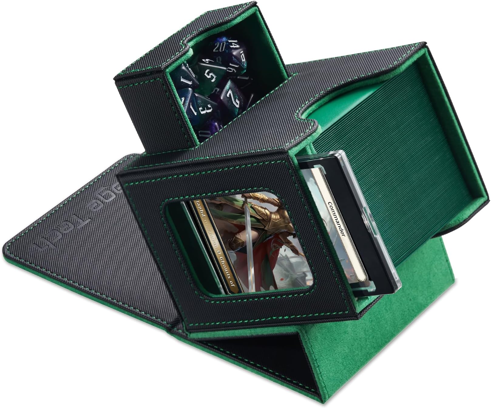 Card Deck Box for MTG Commander - Patented Design, Commander Display, Fits 100 Double-Sleeved Cards, 35pt Card Brick & Dice Tray - Black/Green